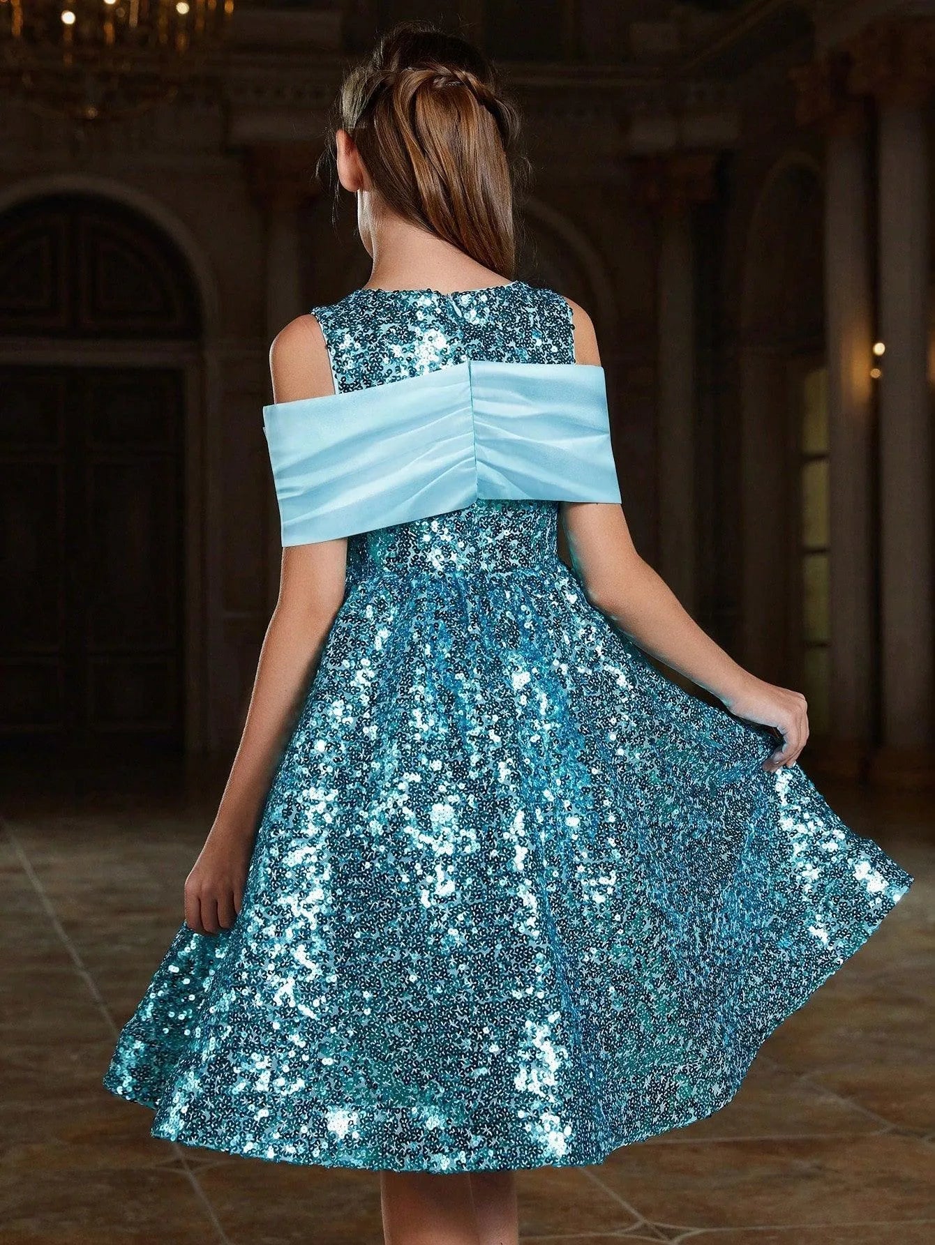 tween party dresses Tween Girls' Bow Detail Sequin Party Dress Blue / 10Y