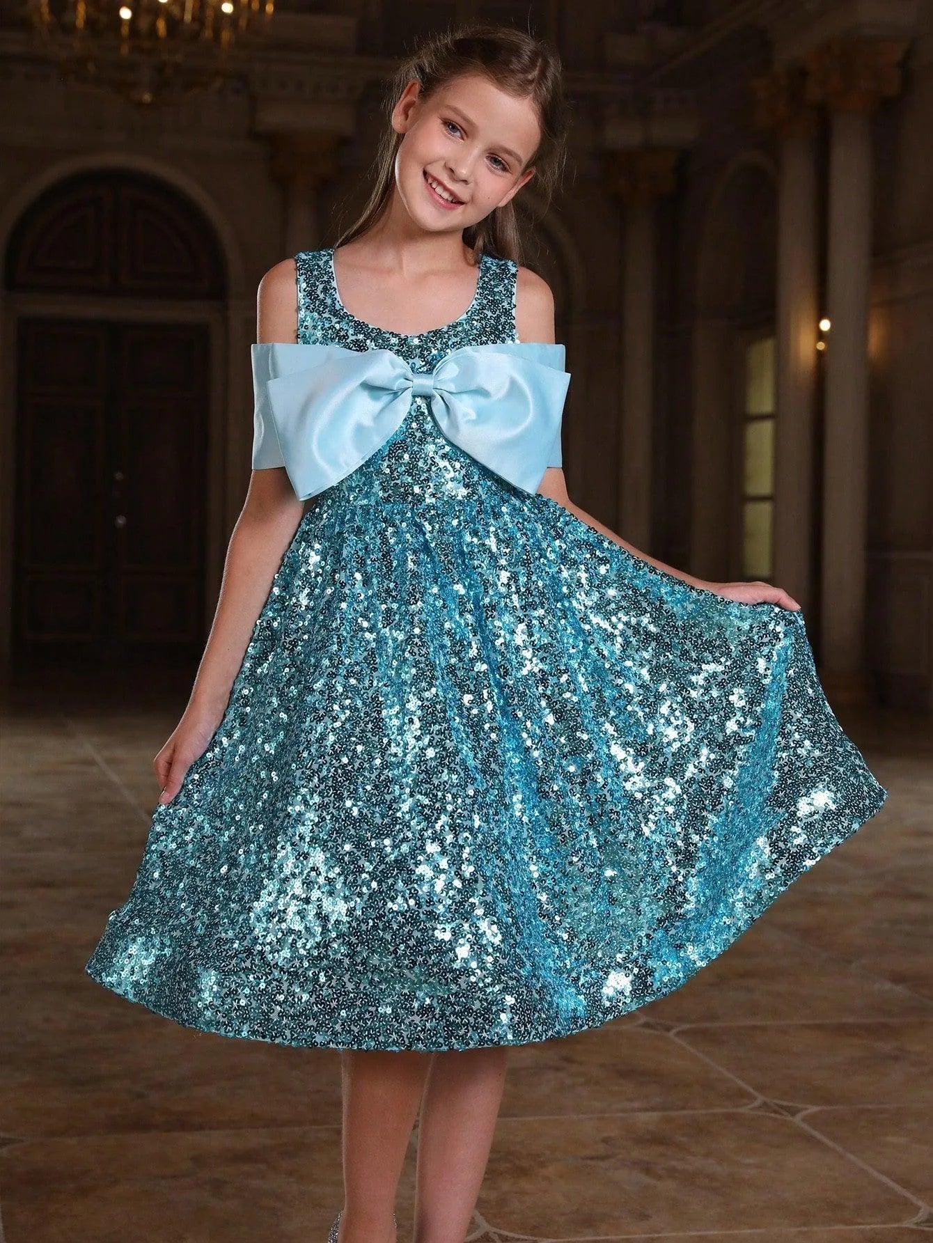 Tween Girls' Bow Detail Sequin Party Dress Blue / 10Y Tween Girls' Bow Detail Sequin Party Dress Blue / 10Y