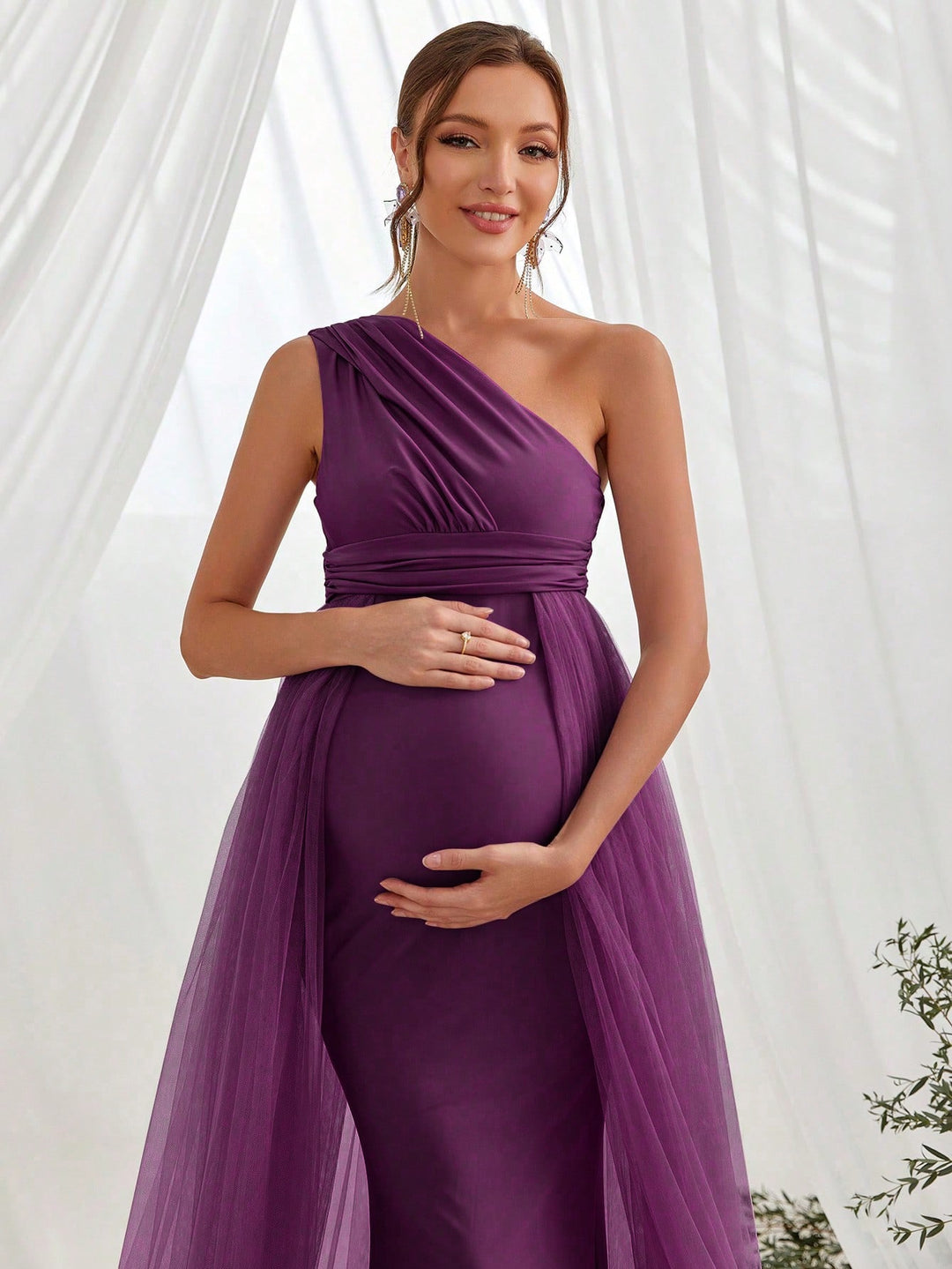One Shoulder Sleeveless Contrast Mesh Maternity Dress