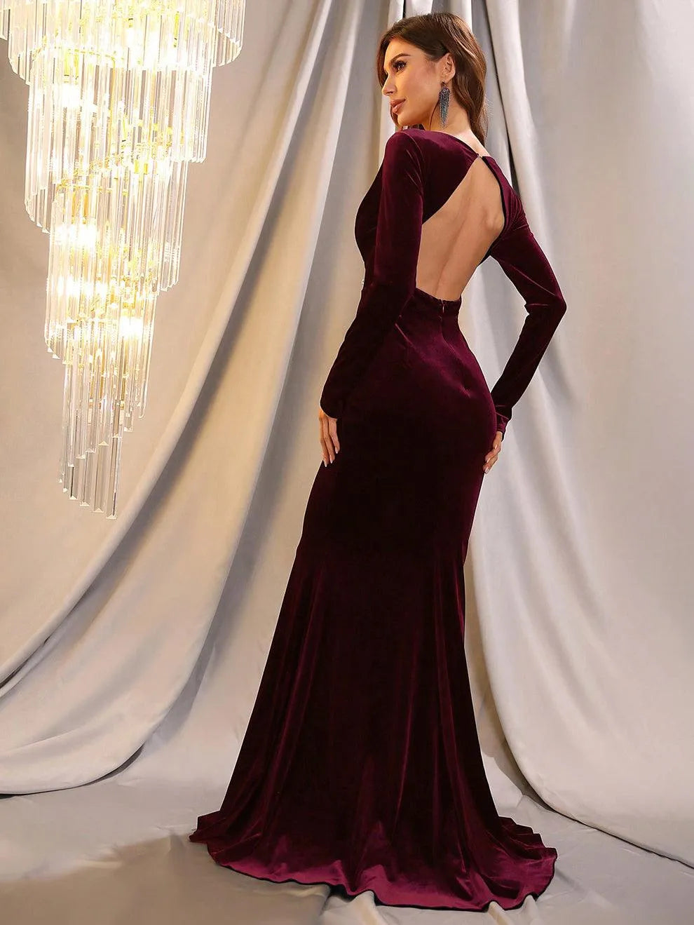 long sleeve backless velvet dress Black Velvet Long Sleeve Backless Evening Gown