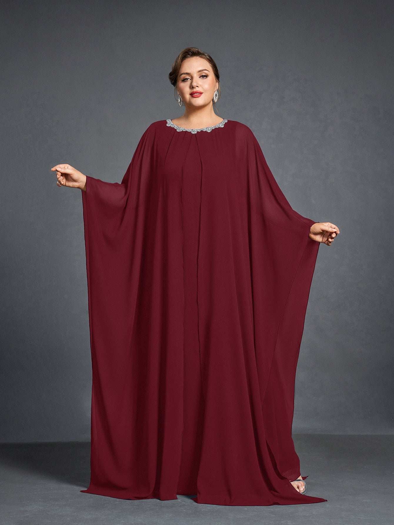 Plus Womens' Embellished Round -Neck Formal Dress with Sheer Chiffon Cape Sleeves