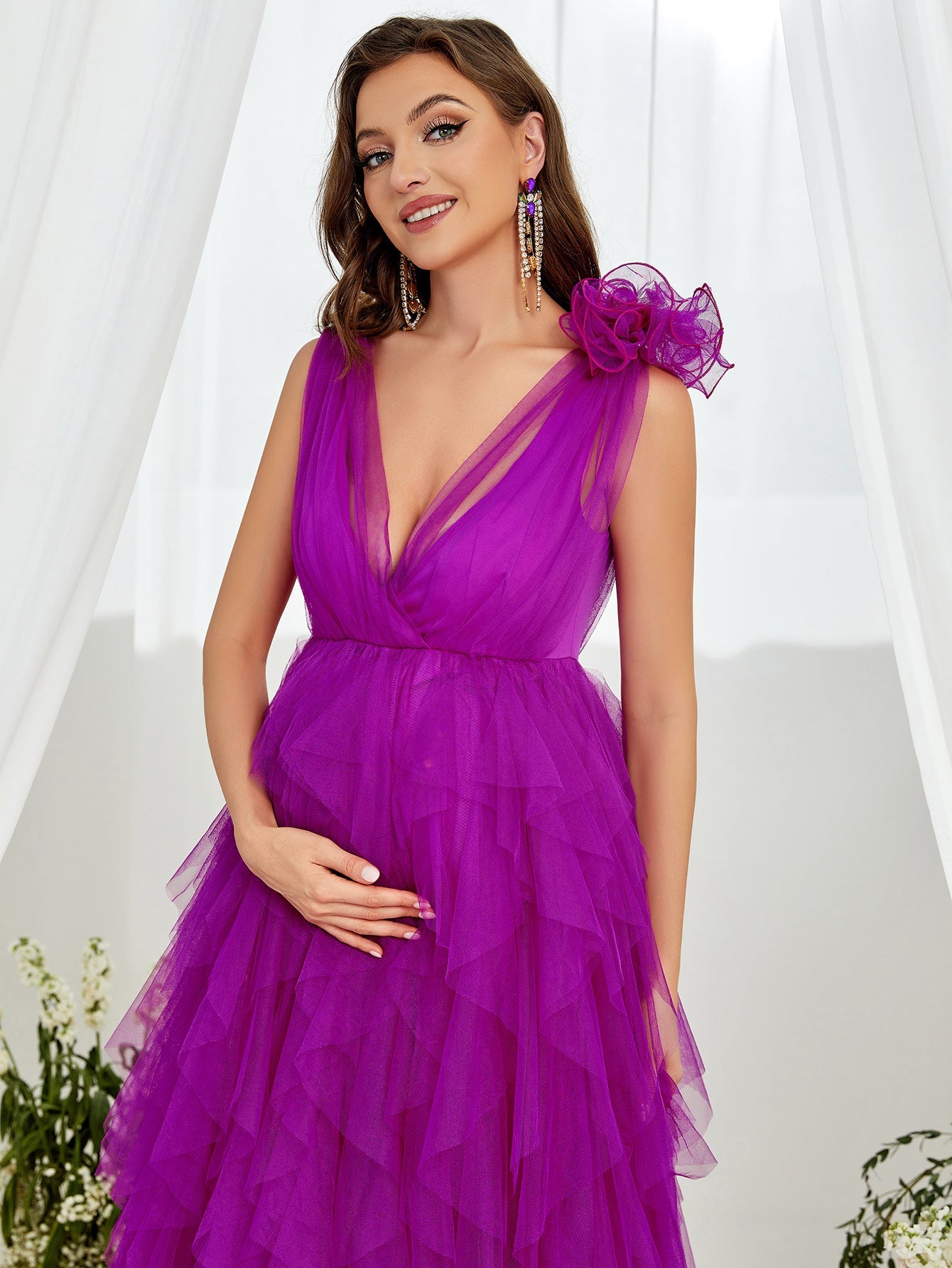 Maternity Plunging Neck Stereo Flower Mesh Overlay Party Dress