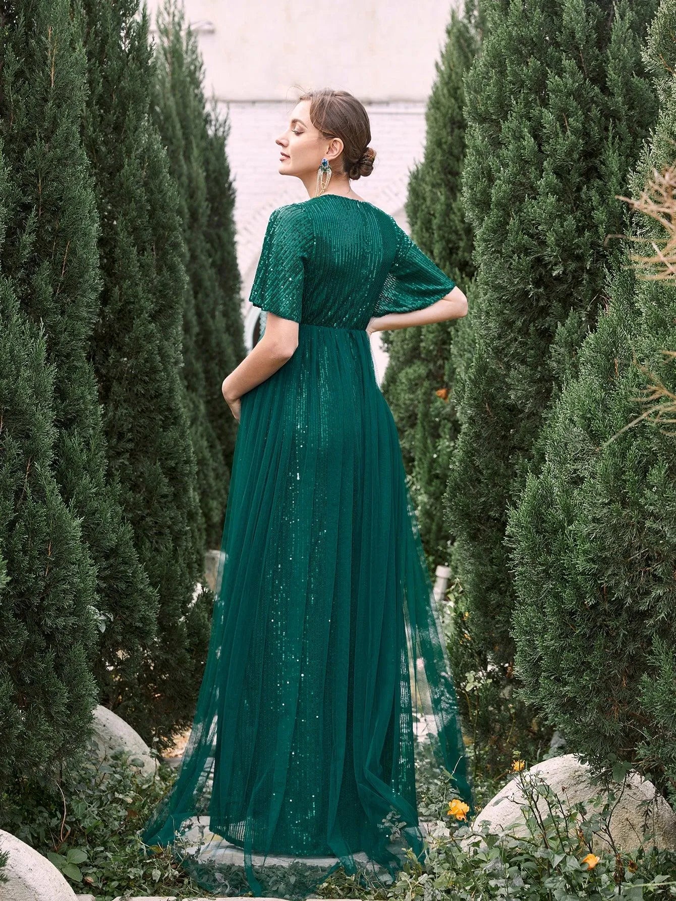 Maternity Mesh Overlay Puff Sleeves Sequin Prom Dress Dark Green / XXL Maternity Mesh Overlay Puff Sleeves Sequin Prom Dress Dark Green / XXL
