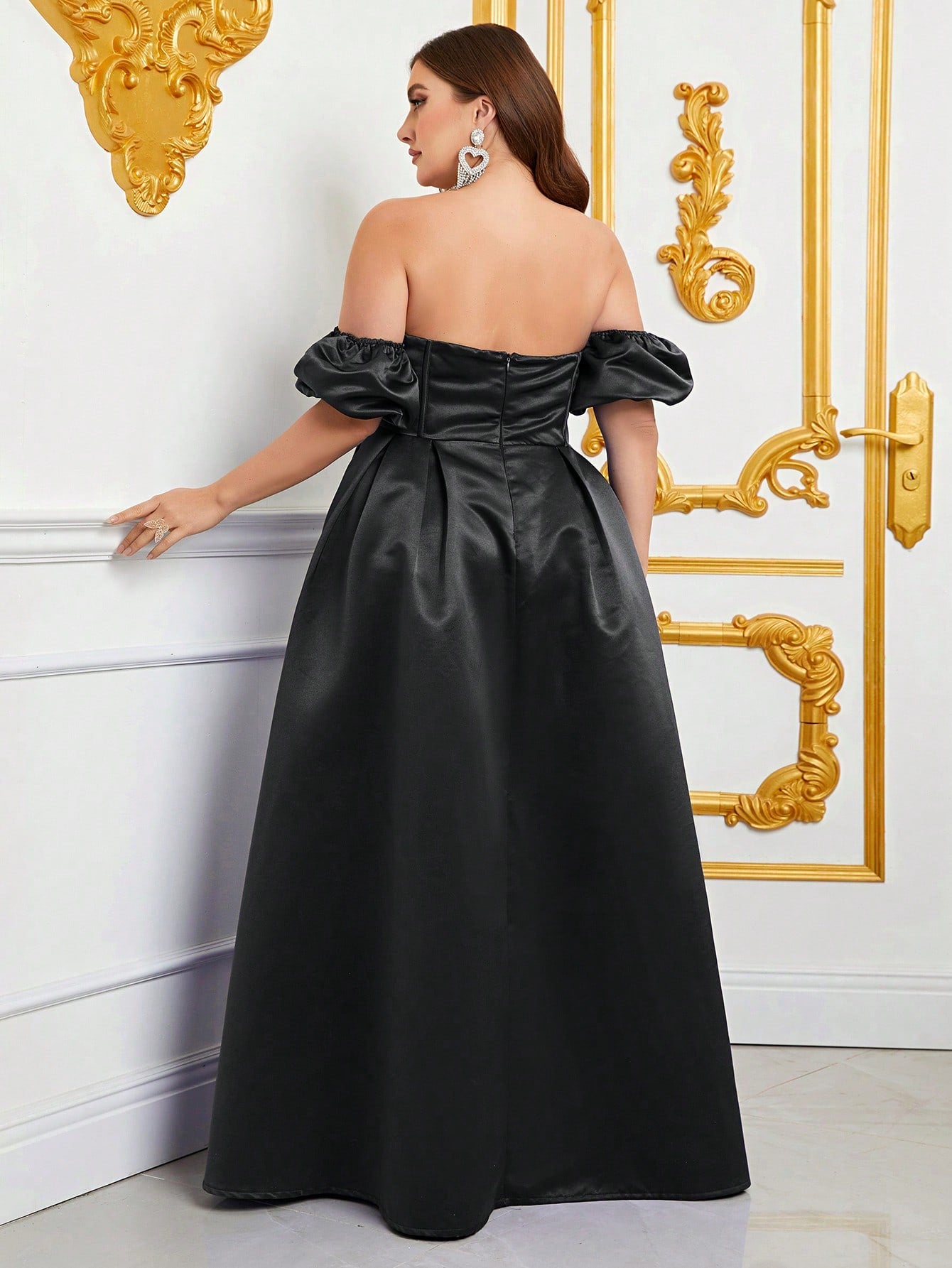 Plus Off Shoulder Puff Sleeves Ruched Bust Fold Pleated Satin Gown