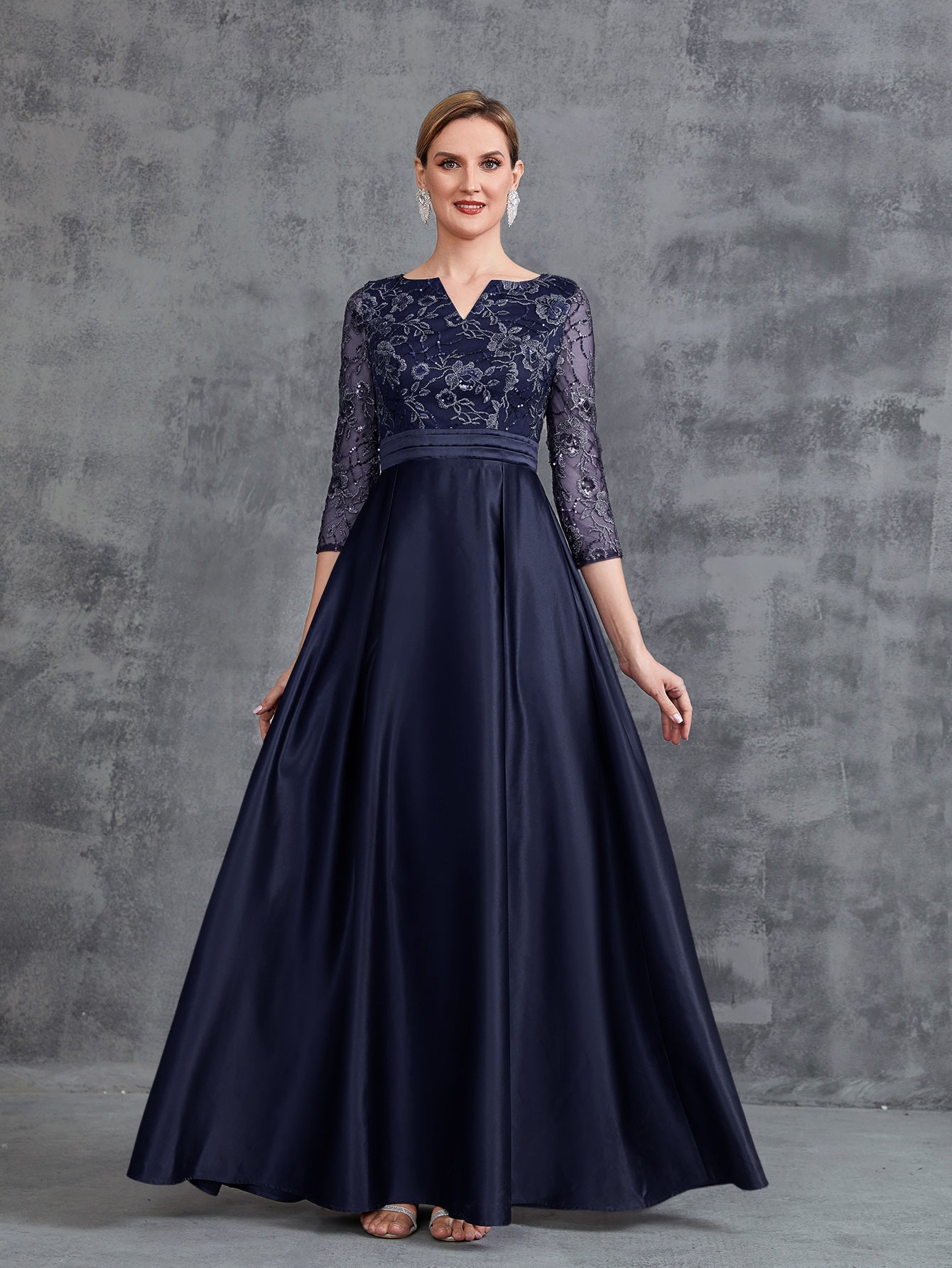 Womens' Glamorous Evening Gown: Allover Sequin-Embroidered Bodice & Satin A-Line Skirt – Elegant Formal Dress for Black-Tie Events