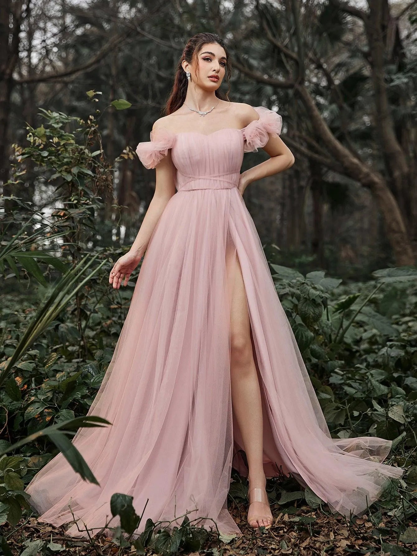Elegant Off Shoulder Ruched Bust Split Thigh Tulle Evening Dress Pink / M Elegant Off Shoulder Ruched Bust Split Thigh Tulle Evening Dress Pink / M