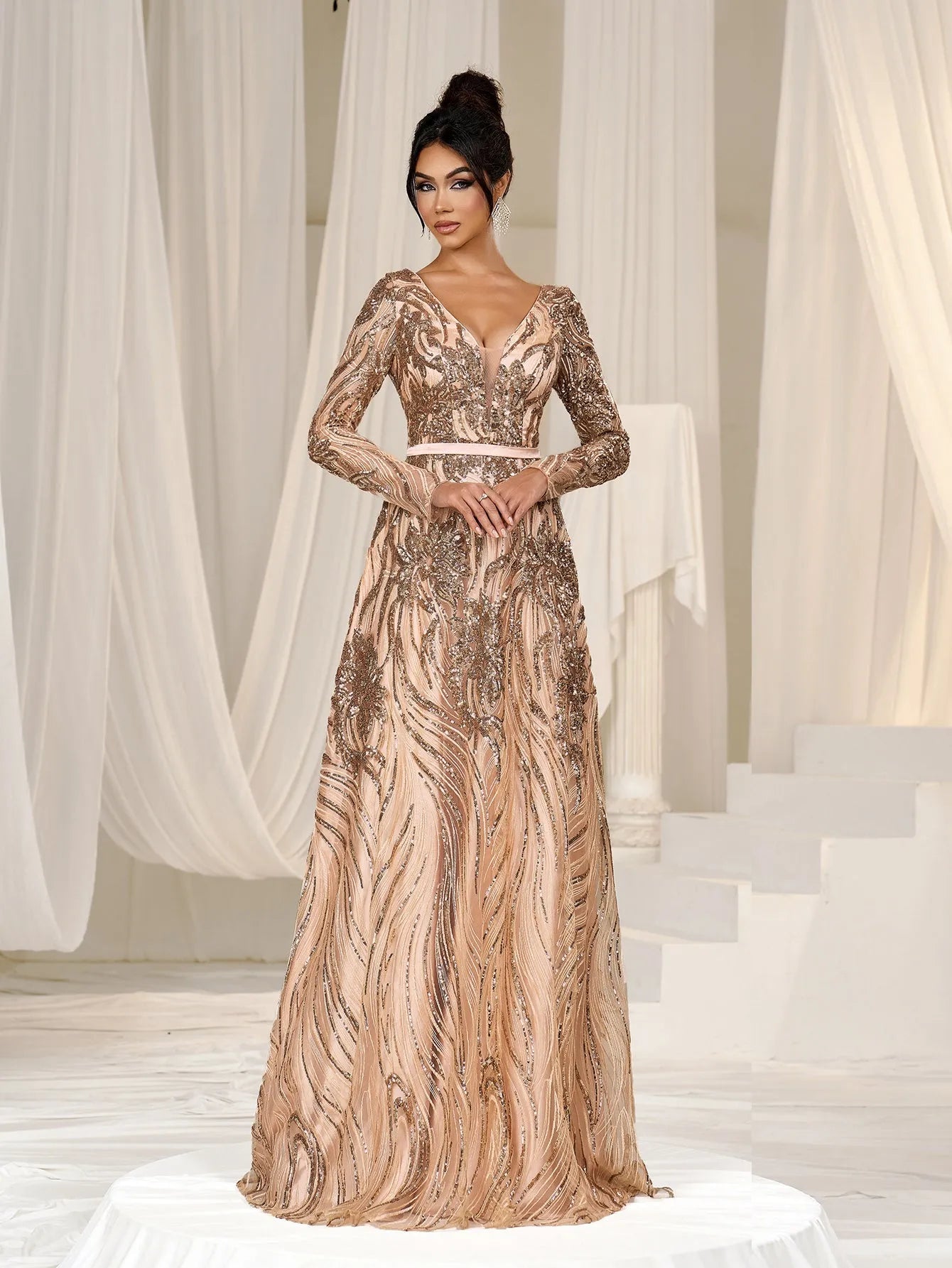 lace up graphic dress Elegant Plunging Neck Lace-up Back Graphic Sequin Formal Prom Dress Champagne / XL
