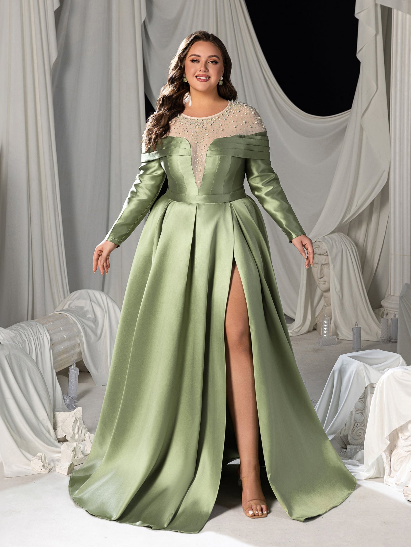 Plus Luxury Beaded Evening Gown with Off-Shoulder Mesh Insert, High Slit Satin Dress for Red Carpet & Gala Events
