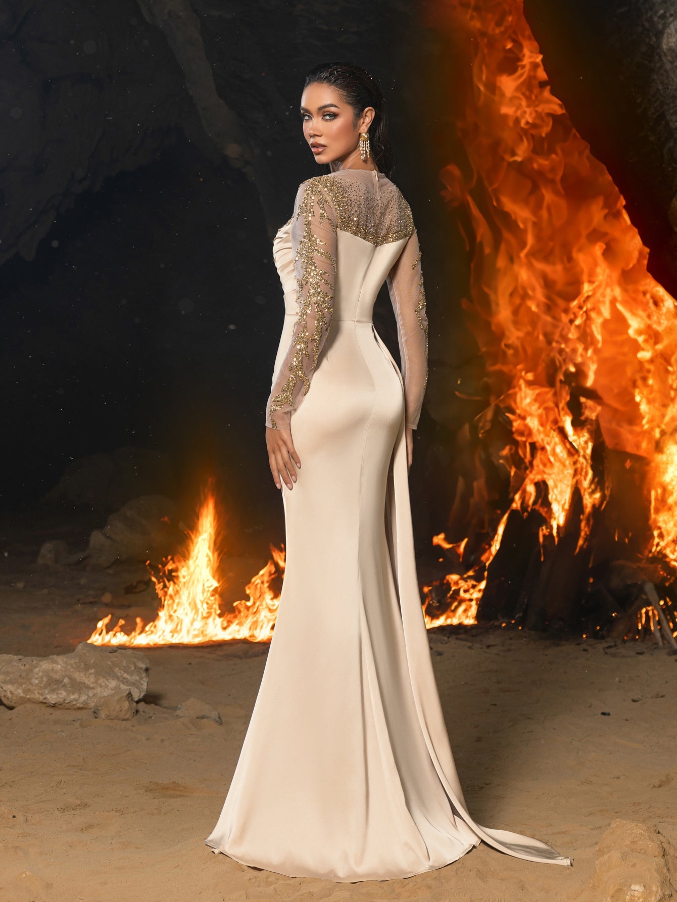 Elegant High Slit Mermaid Hem Satin Evening Dress with Sequinl Accents