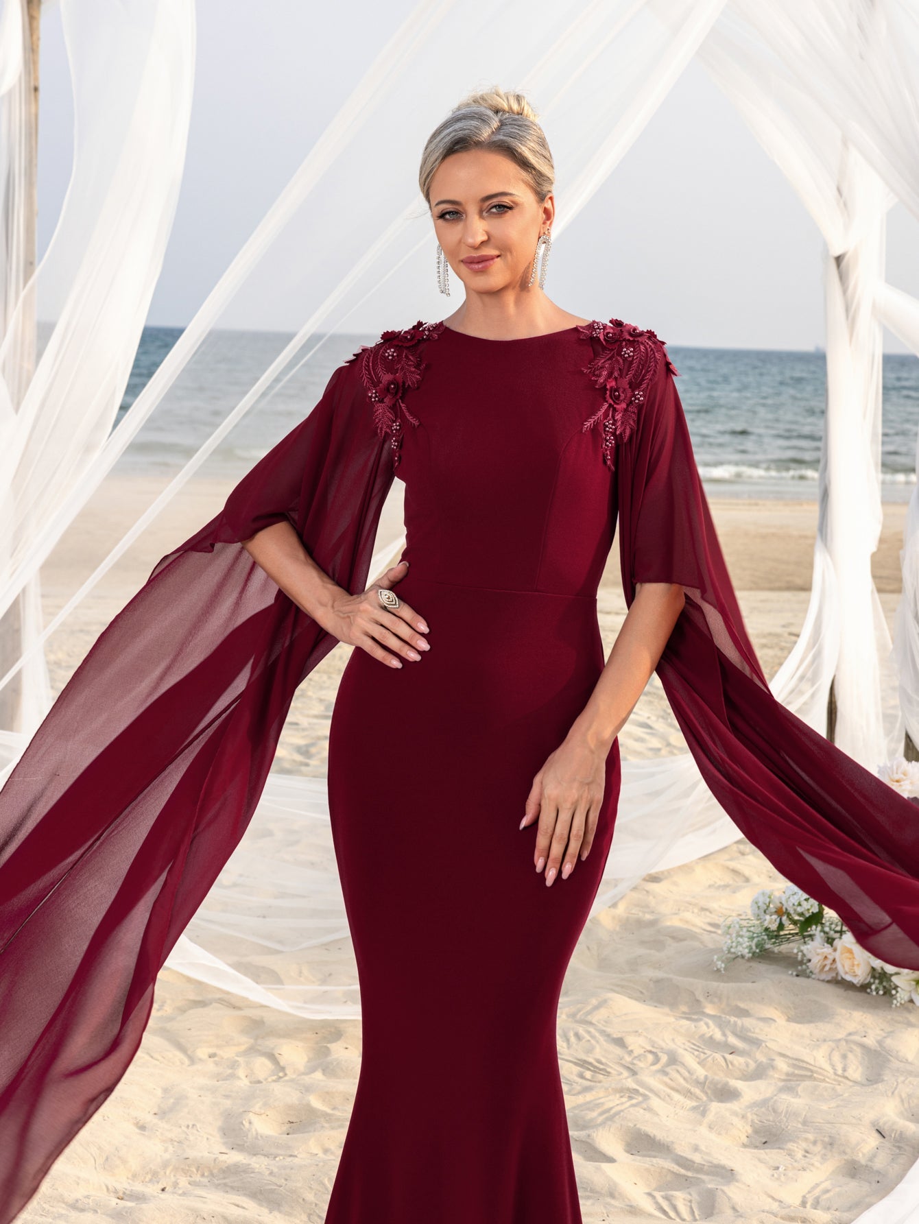 Womens' Mermaid Silhouette Formal Dress with Flared Chiffon Sleeves & Floral Appliqué Detailing