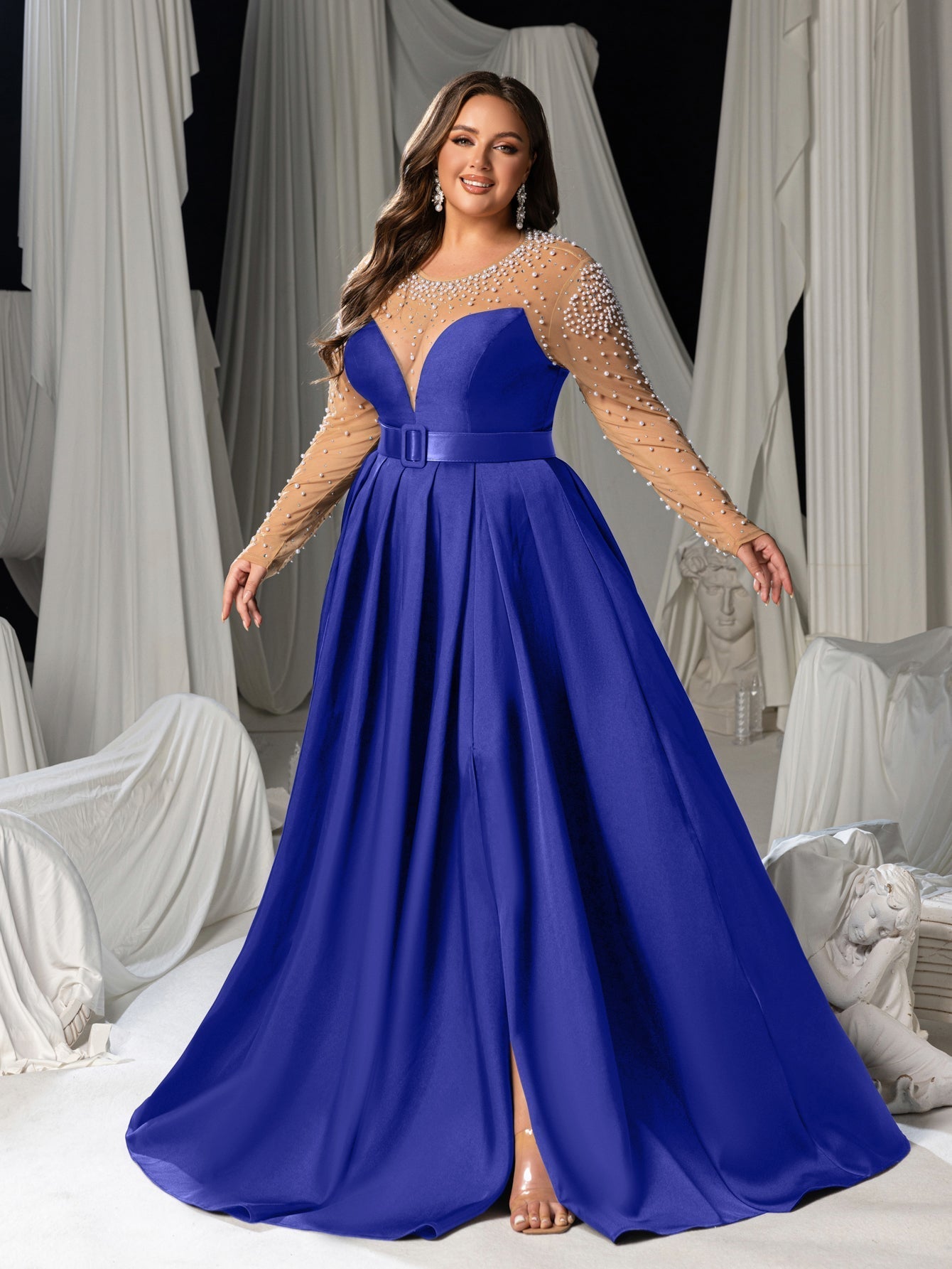 Formal Royal Blue Dress Plus Size Pearl Decoration Sheer Sleeves Satin Evening Gown Formal Royal Blue 3XL Formal Royal Blue Dress Plus Size Pearl Decoration Sheer Sleeves Satin Evening Gown Formal Royal Blue 3XL