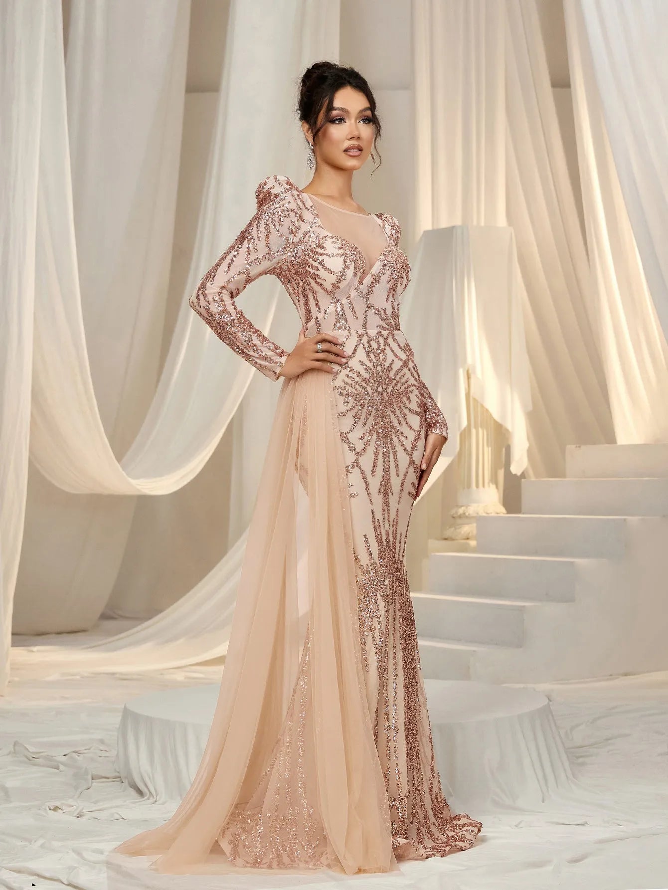 sequin and sheer dress Gold Sequin Sheer Corset Gown with High Slit and Rhinestone Details