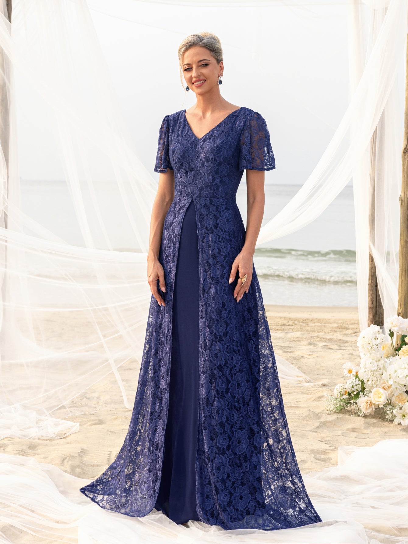 Womens' Elegant Lace Floor-Length Gown with V-Neck & Ruffle Sleeves – Elegant Floral Accents, Deep V-Back Design for Beach Weddings & Formal Evening Events
