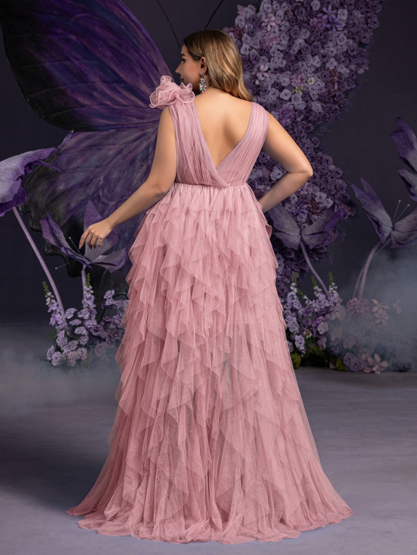 Plus Maternity Plunging Neck Stereo Flower Mesh Overlay Party Dress