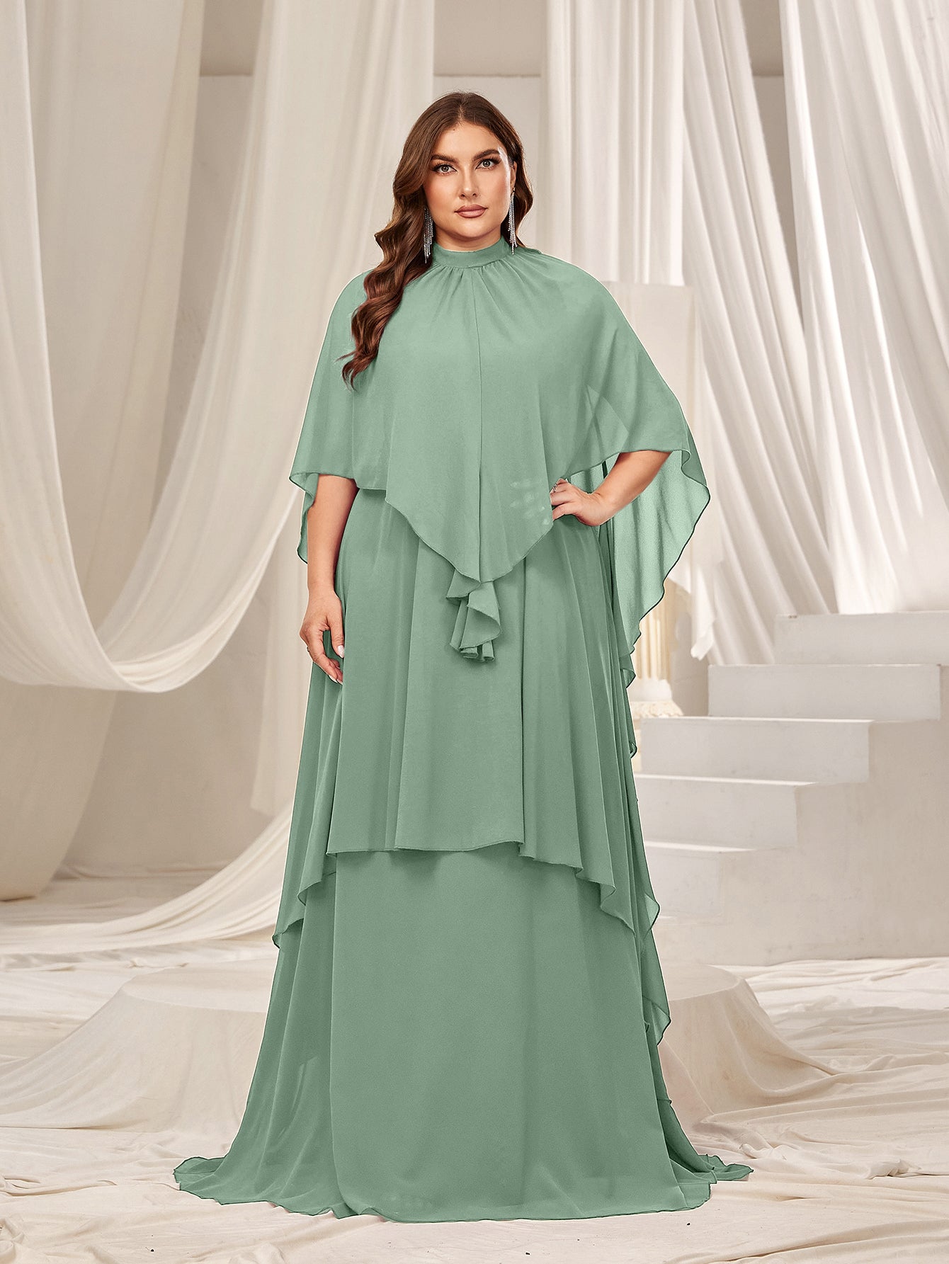 Plus Mock Neck Layered Hem Chiffon Dress