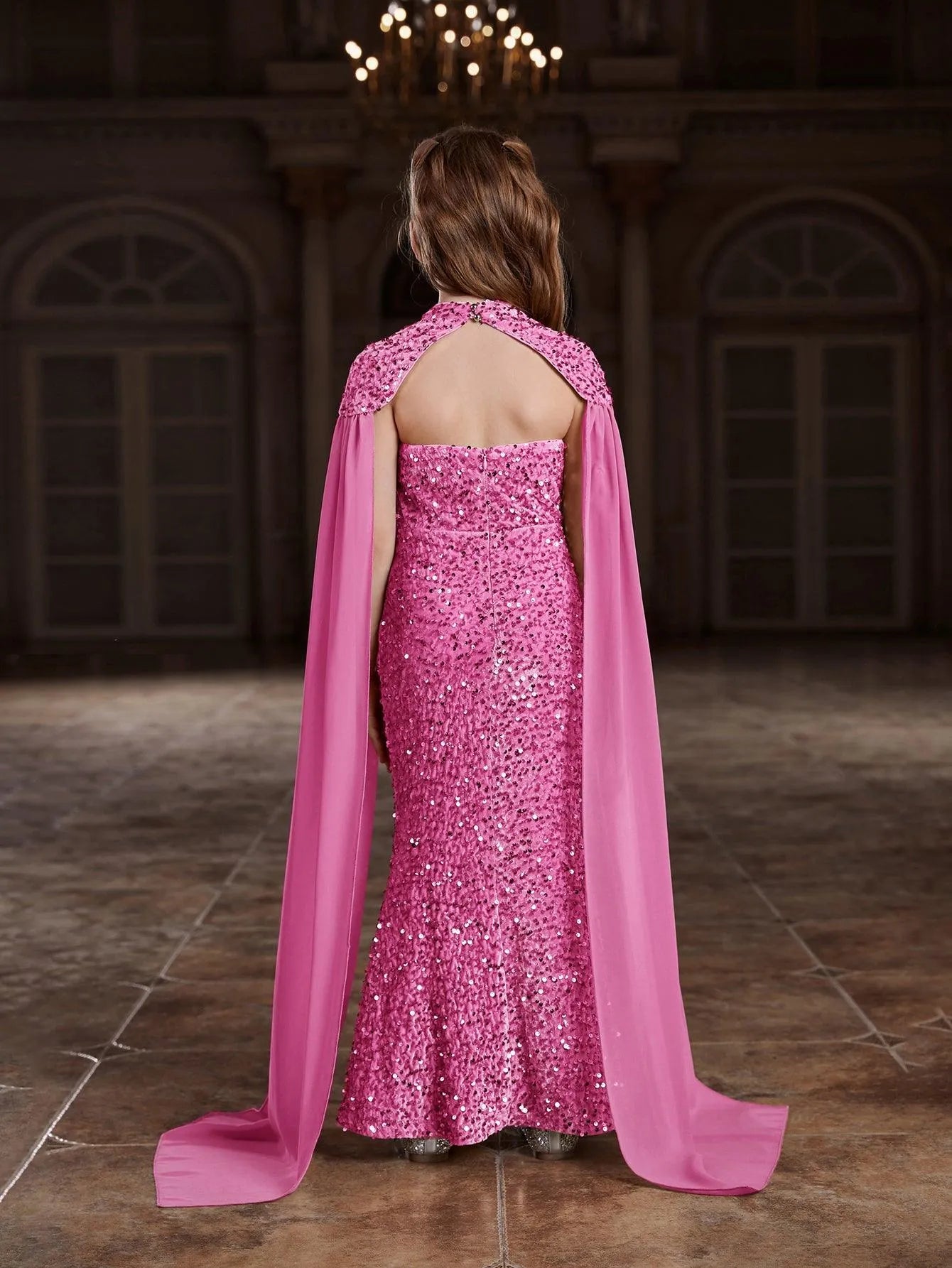 sequin dress with cape Silver Tassel Embellished Dress with Rose Beige Tulle Cape S