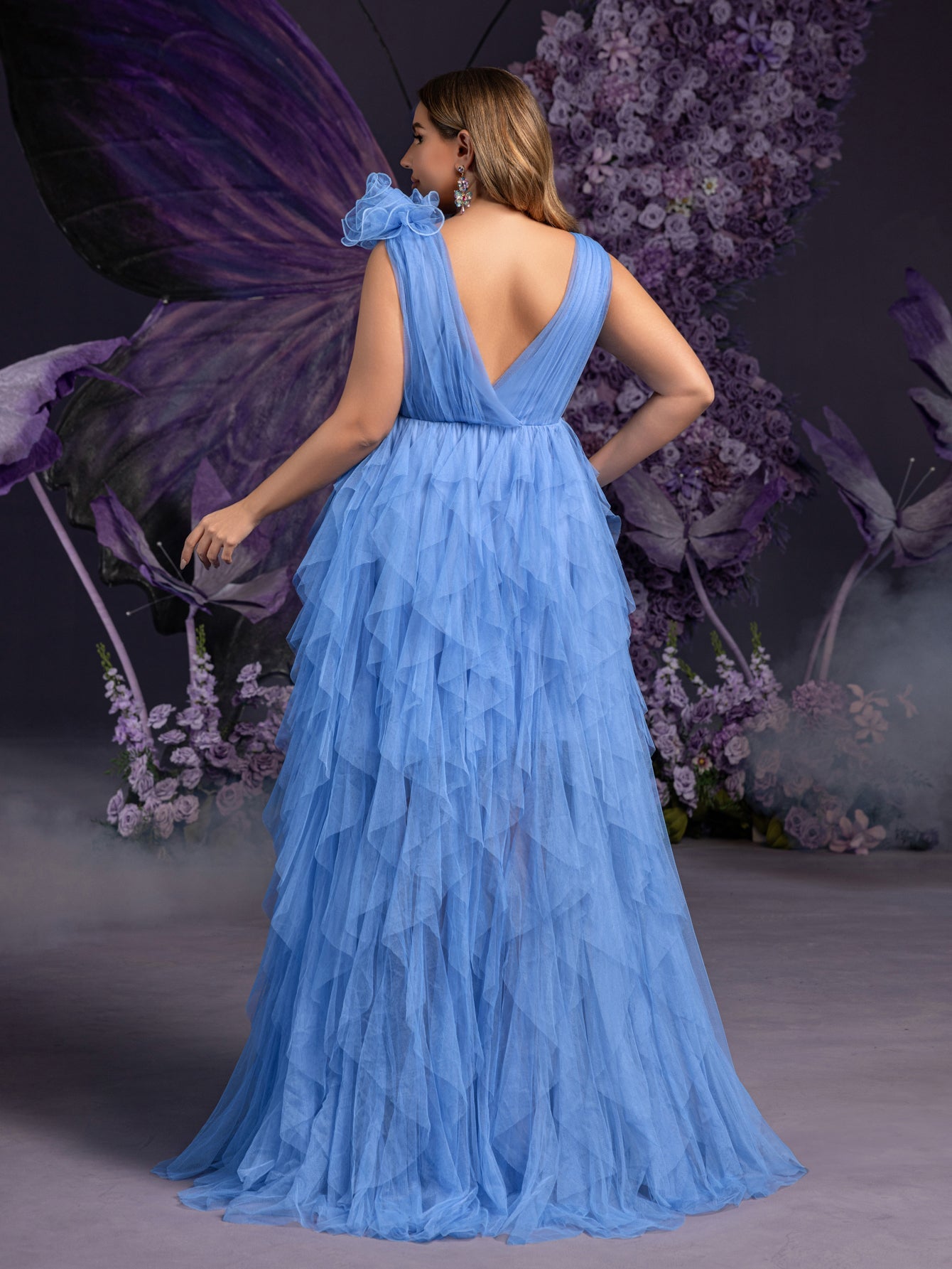 Plus Maternity Plunging Neck Stereo Flower Mesh Overlay Party Dress Light Blue / 4XL Plus Maternity Plunging Neck Stereo Flower Mesh Overlay Party Dress Light Blue / 4XL