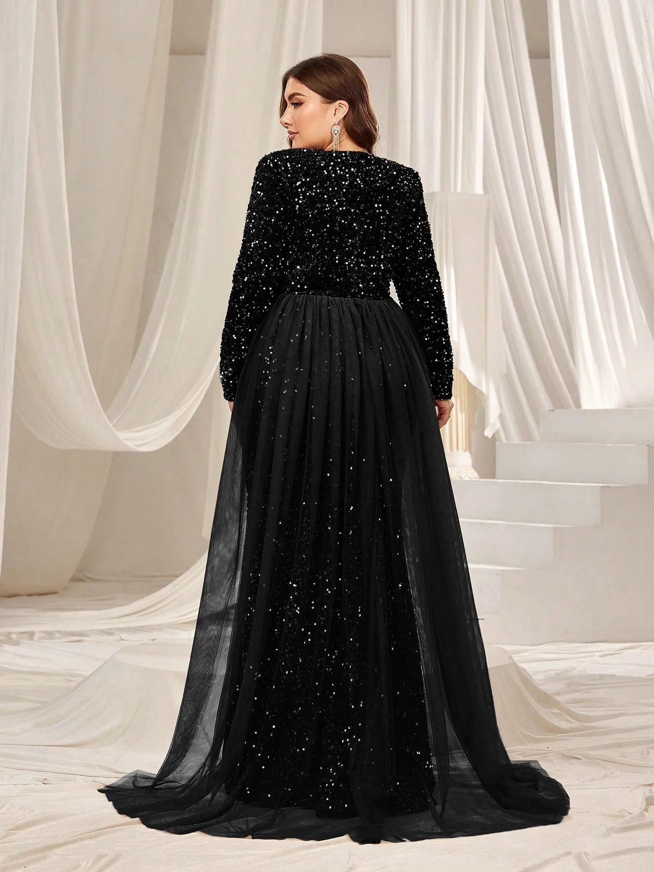 Plus Elegant Mesh Insert Split Mermaid Hem Sequin Evening Dress Coffee / 4XL Plus Elegant Mesh Insert Split Mermaid Hem Sequin Evening Dress Coffee / 4XL