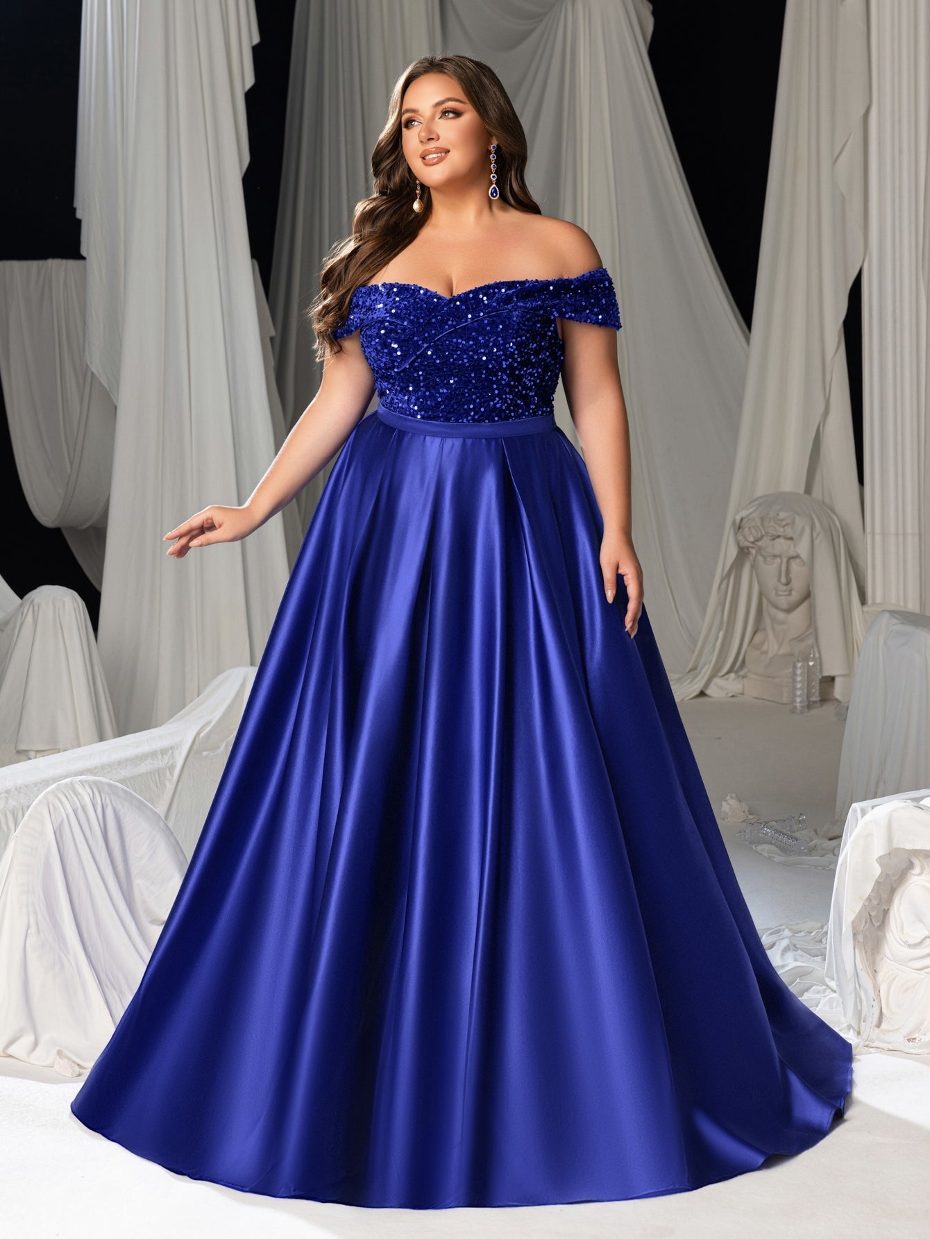 Plus Size Off-Shoulder Sequin Evening Gown - Formal Dress with Voluminous Satin Skirt