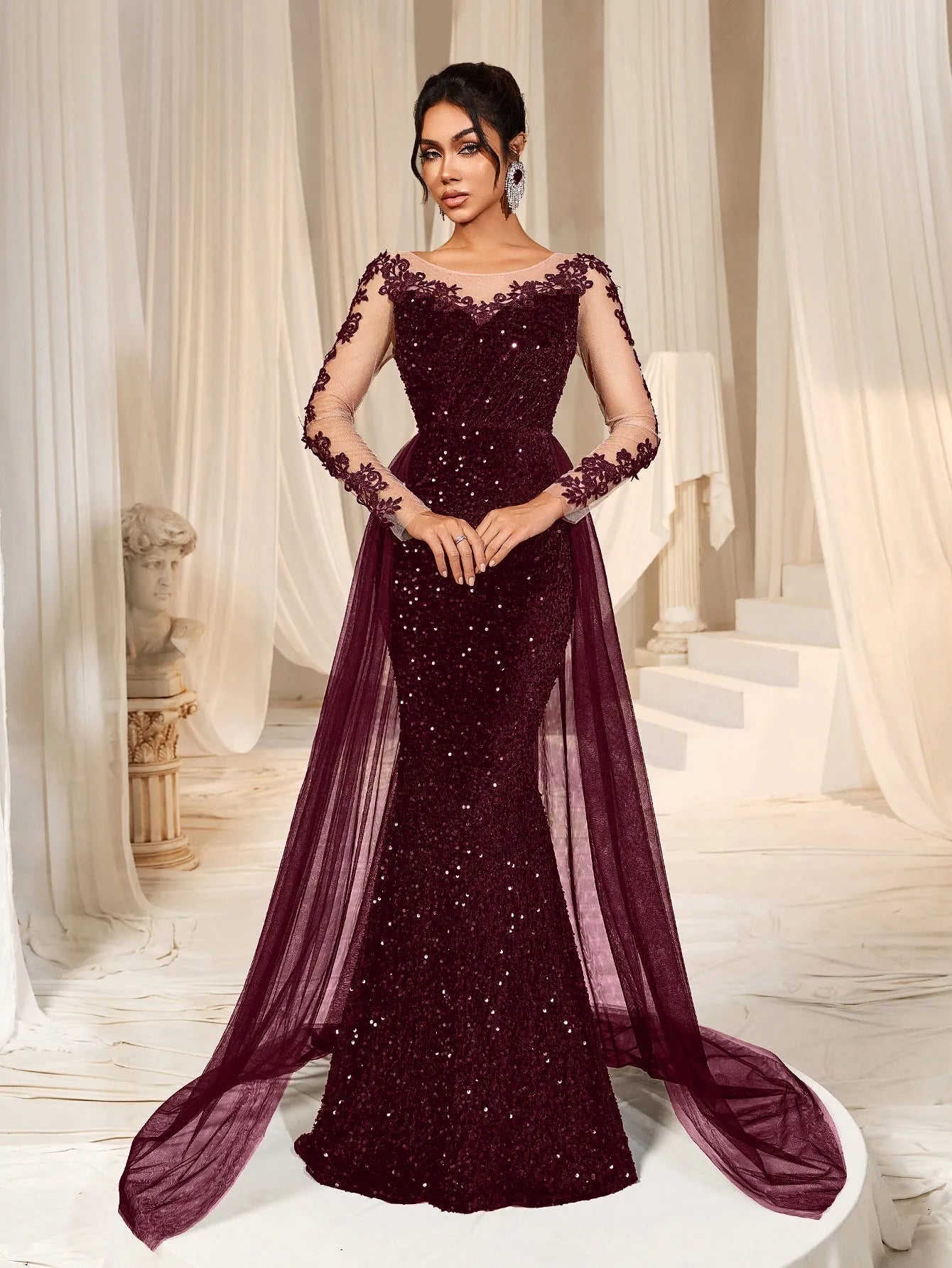 Elegant Sheer Sleeves Mesh Train Sequin Evening Dress Royal Blue / S Elegant Sheer Sleeves Mesh Train Sequin Evening Dress Royal Blue / S