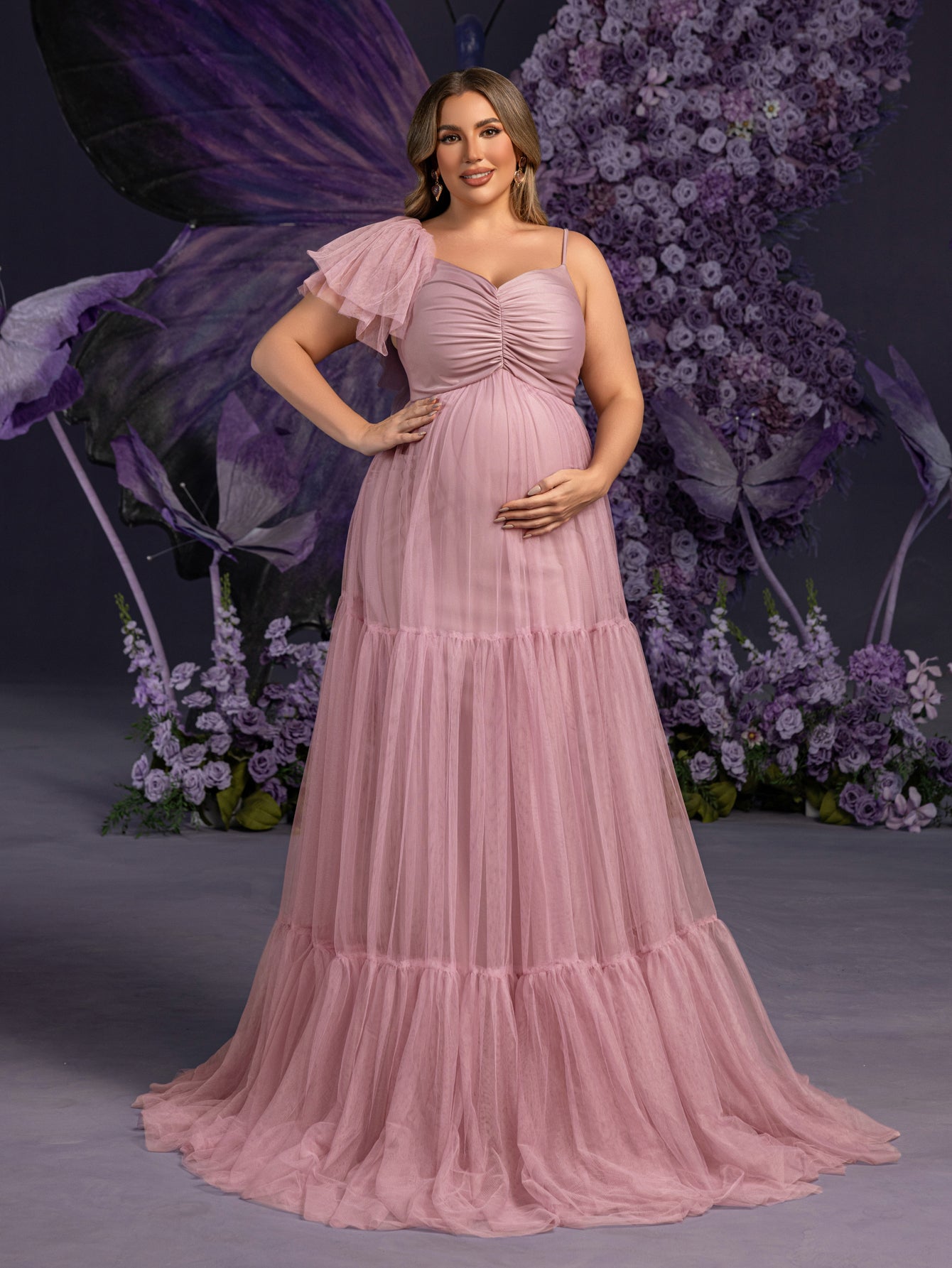 Plus Maternity Ruched Bust Layered Hem Mesh Ruffle Cami Dress