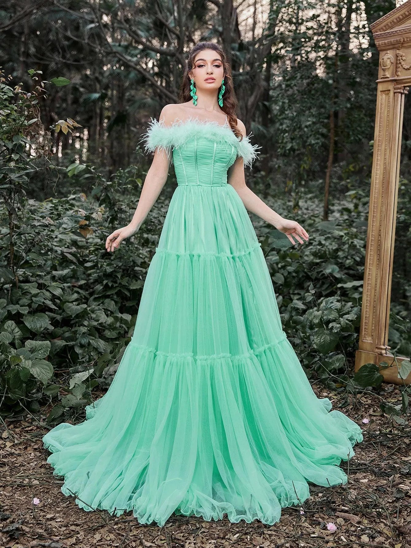 Elegant Feather Trim Off Shoulder Layered Tulle Prom Dress Mint / L Elegant Feather Trim Off Shoulder Layered Tulle Prom Dress Mint / L