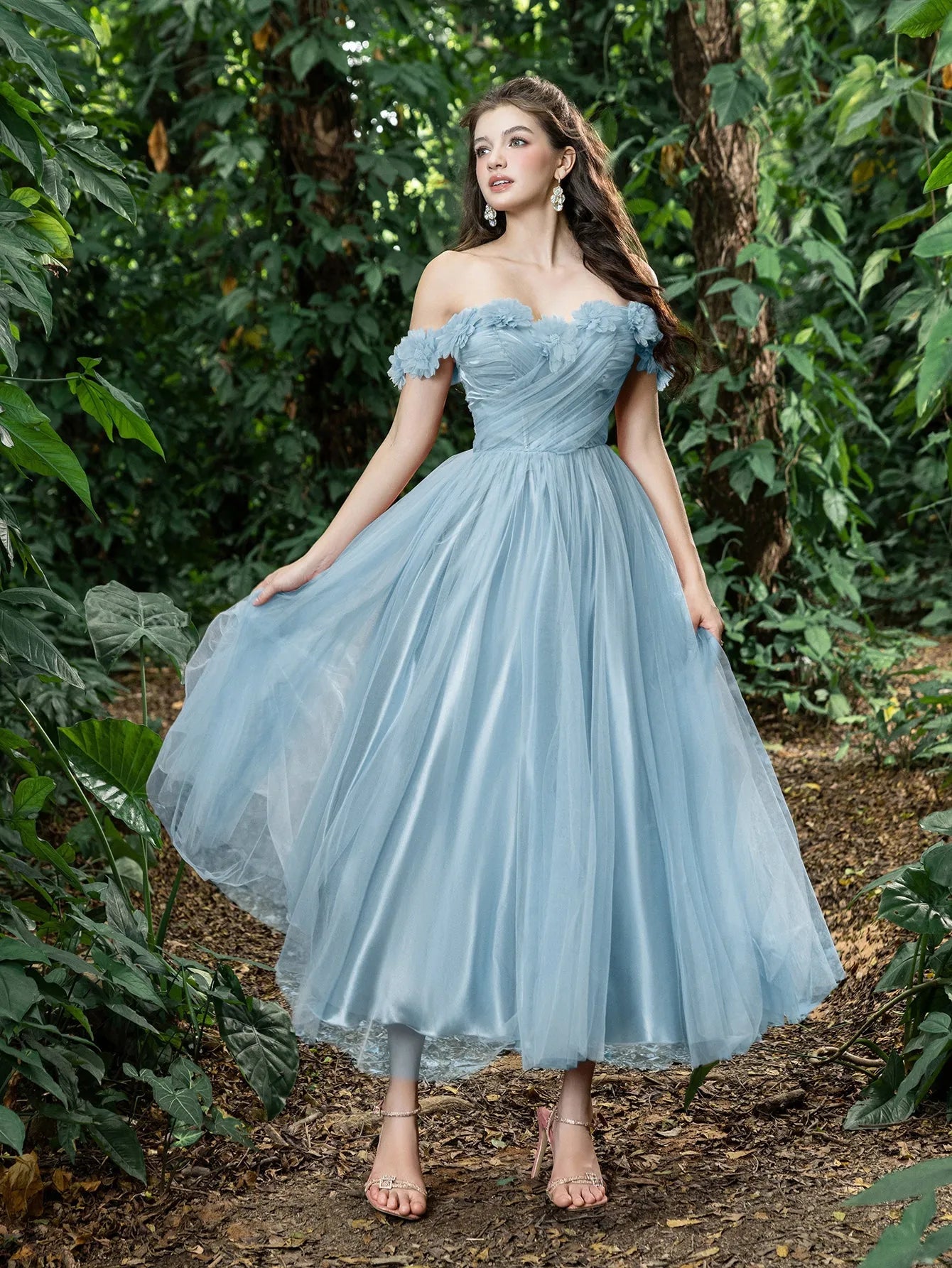 Midi Applique Detail Off Shoulder Tulle Party Tube Dress Light Blue / XS Midi Applique Detail Off Shoulder Tulle Party Tube Dress Light Blue / XS