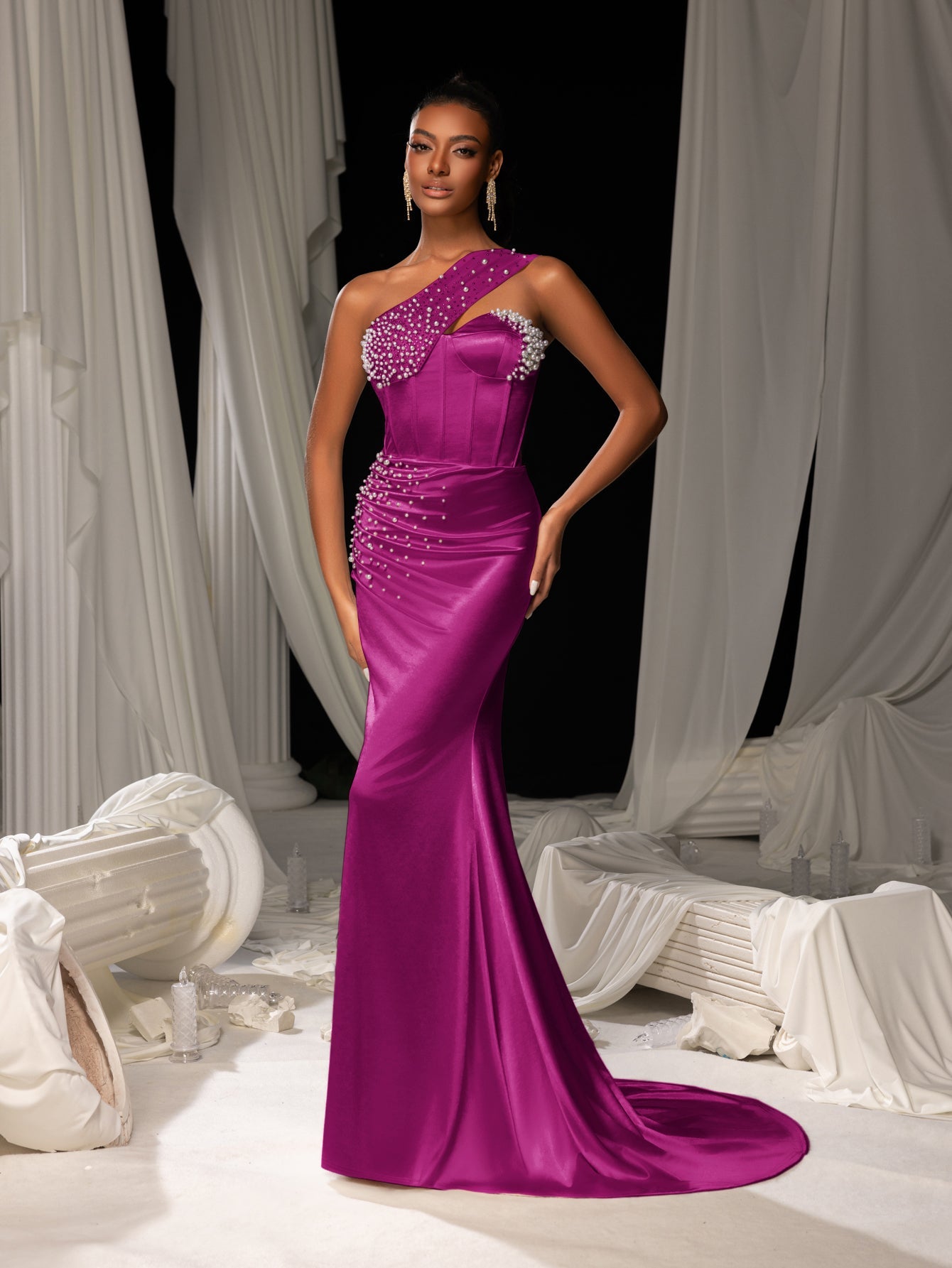 Elegant One Shoulder Mermaid Hem Satin Evening Dress with Pearl Accents