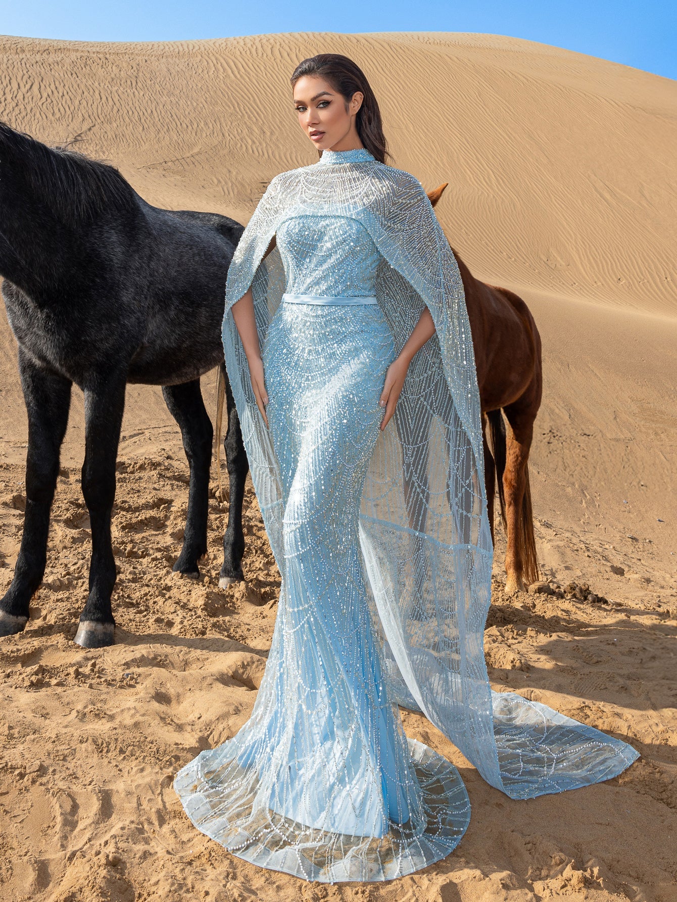 Luxury Gorgeous Mock Neck Mermaid Hem Beaded Sequin Cape Dress Light Blue / S Luxury Gorgeous Mock Neck Mermaid Hem Beaded Sequin Cape Dress Light Blue / S