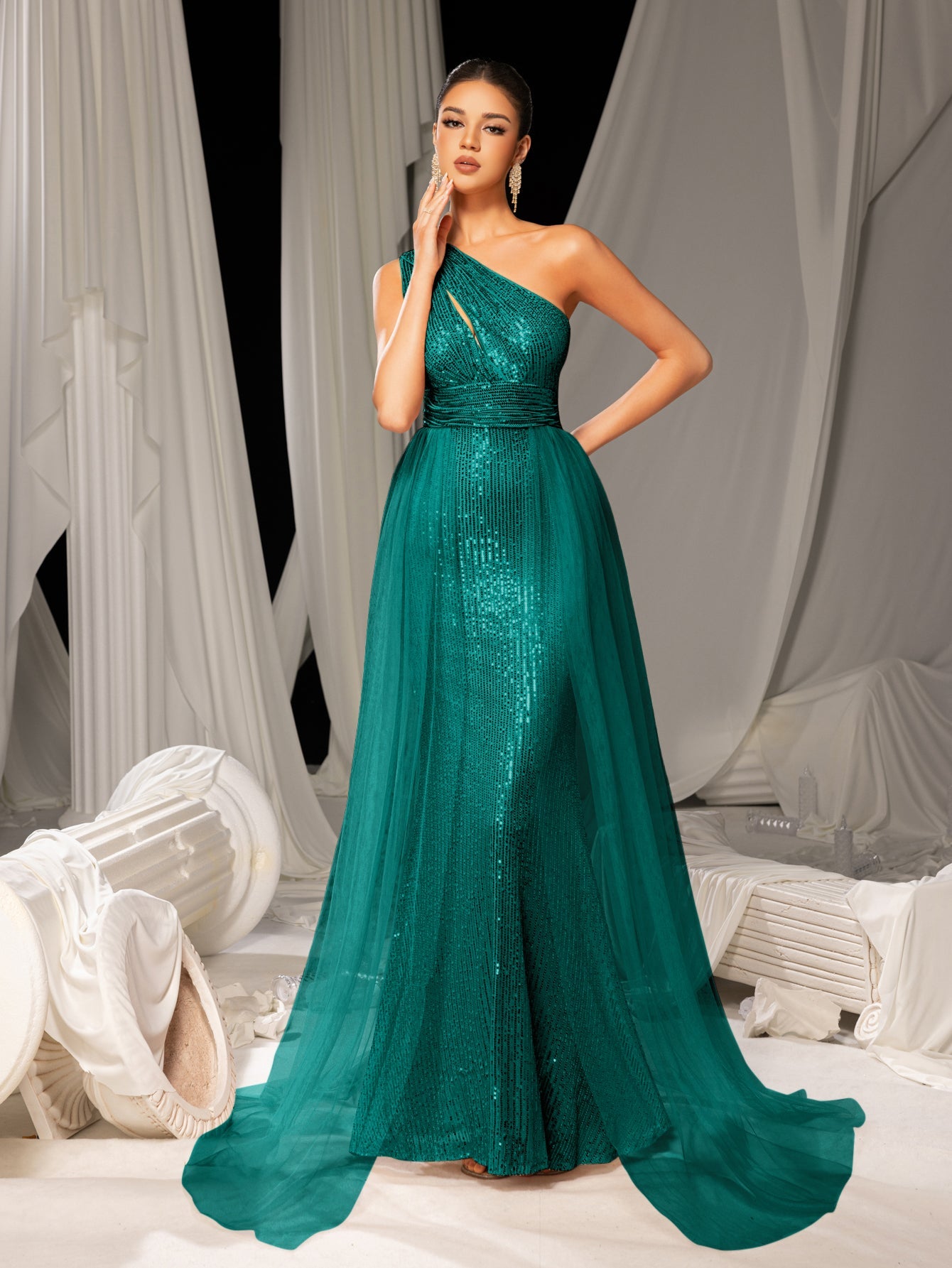 Elegant One Shoulder Sleeveless Mesh Overlay Sequin Formal Prom Dress Champagne / XS Elegant One Shoulder Sleeveless Mesh Overlay Sequin Formal Prom Dress Champagne / XS