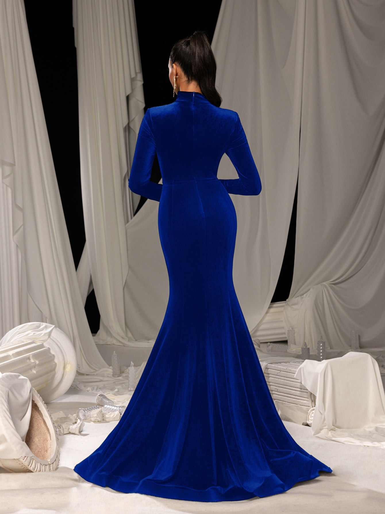 Elegant Velvet High-Neck Mermaid Gown with Chest Cutout, Rhinestone Accents & Floor-Length Train