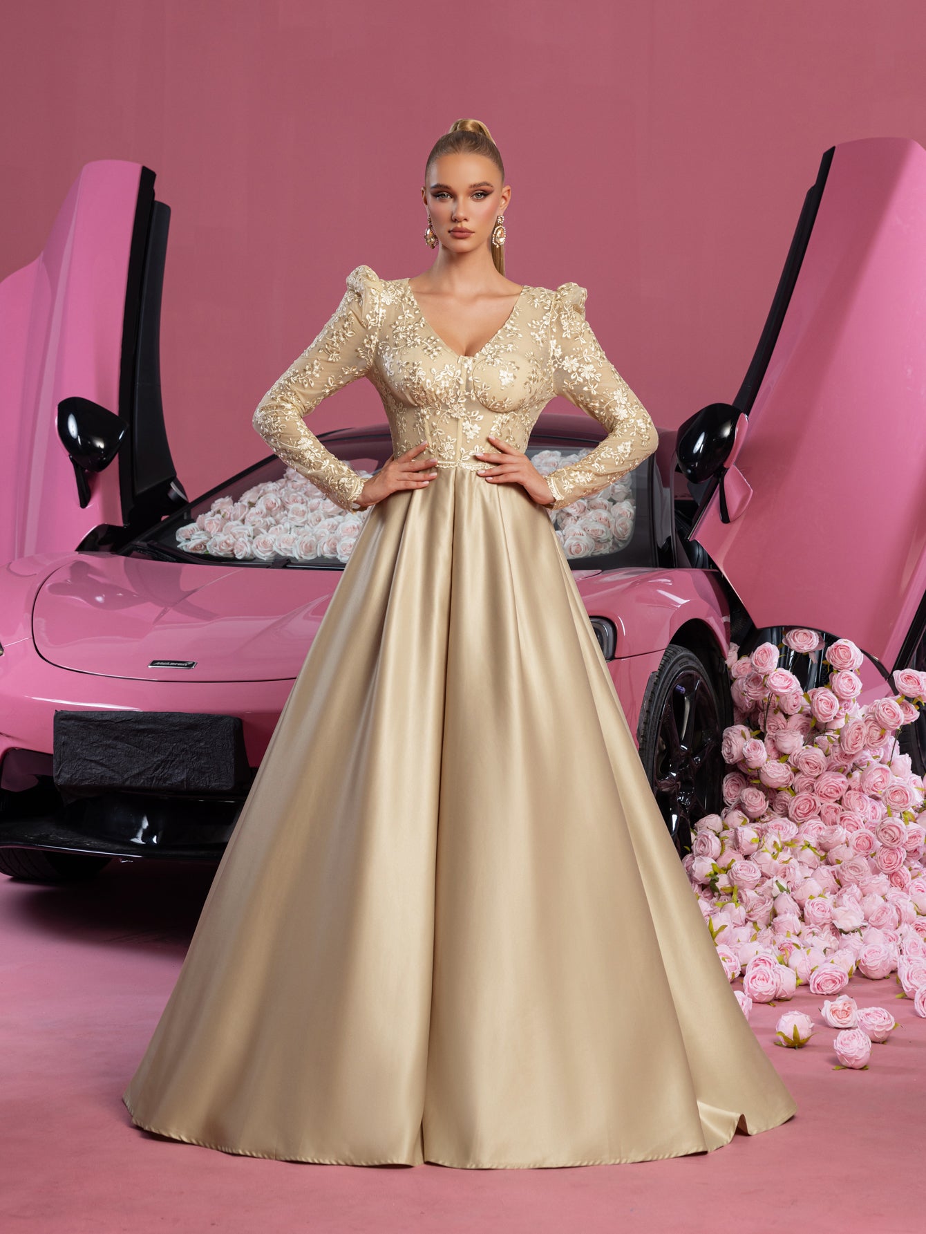 Elegant V Neck Lace Bodice Satin A-line Prom Dress Faeriesty Elegant V Neck Lace Bodice Satin A-line Prom Dress Faeriesty