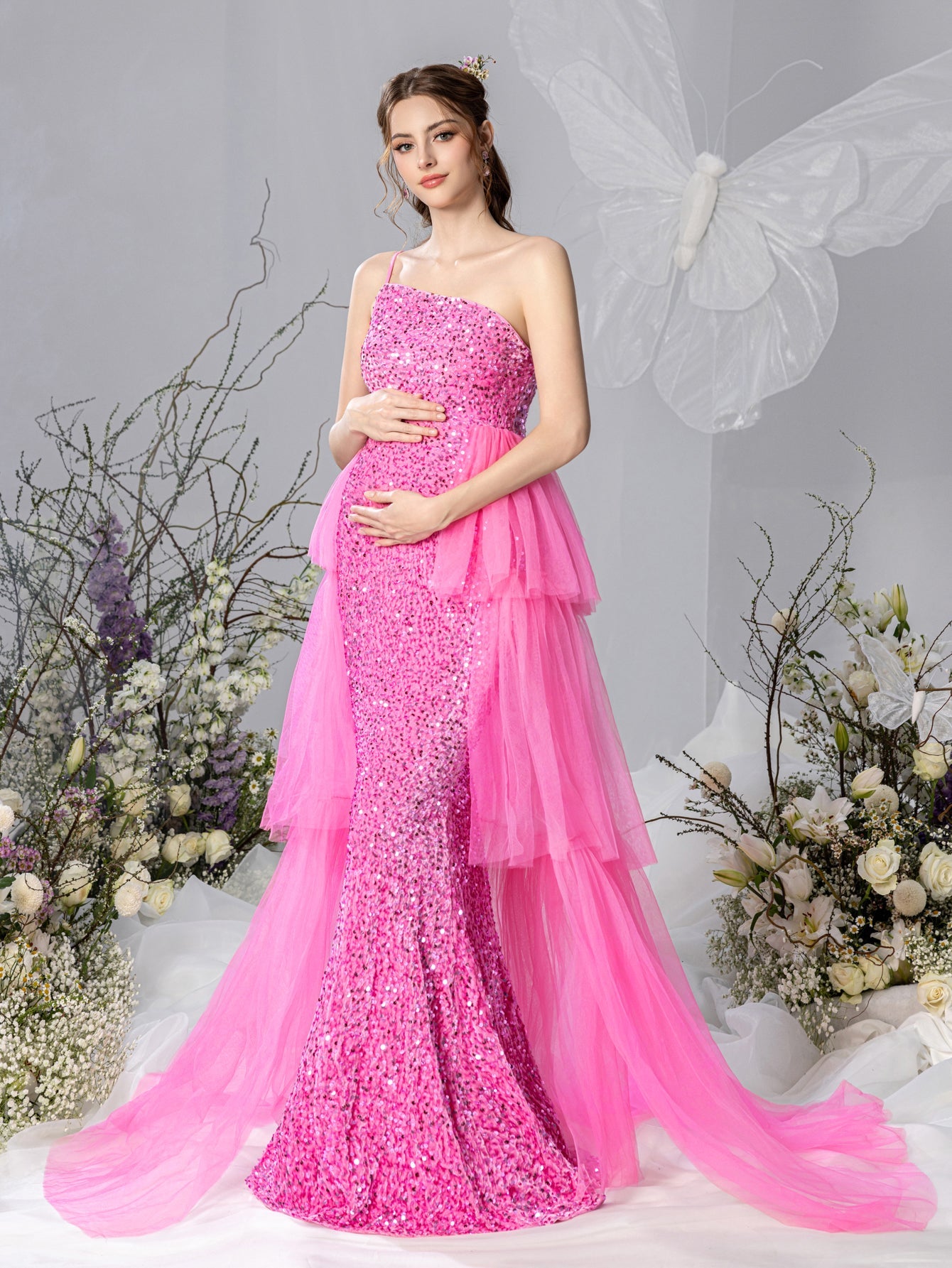 Maternity One Shoulder Layered Mesh Overlay Sequin Party Dress Pink / XXL Maternity One Shoulder Layered Mesh Overlay Sequin Party Dress Pink / XXL