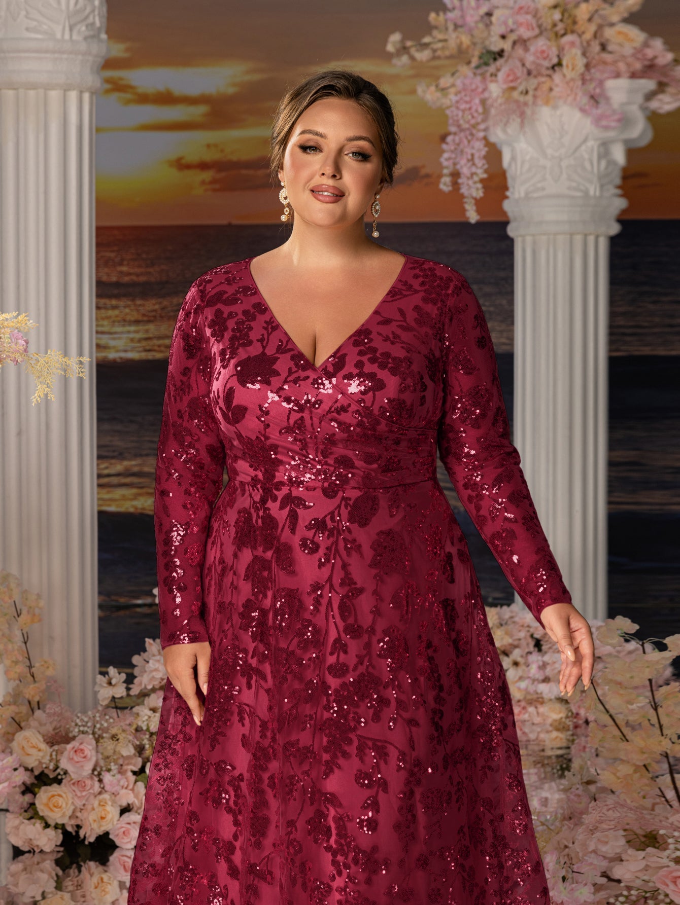 Plus Womens' Elegant V-Neck Evening Gown with Delicate Lace & Silver Embroidery – Long Flowing Skirt for Seaside Weddings & Romantic Beach Events