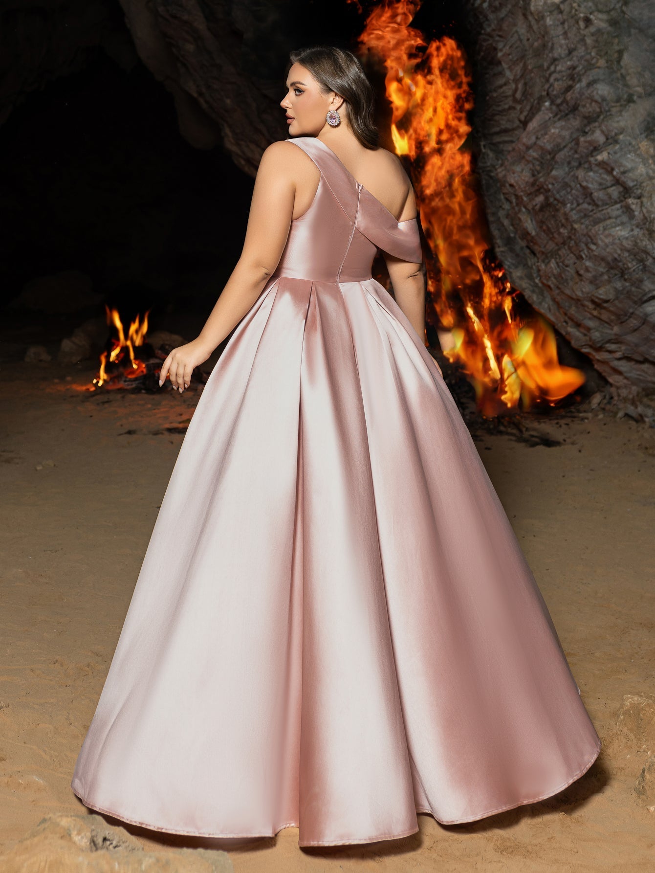 Plus Elegant Sloping Neck Split A-line Satin Formal Prom Dress