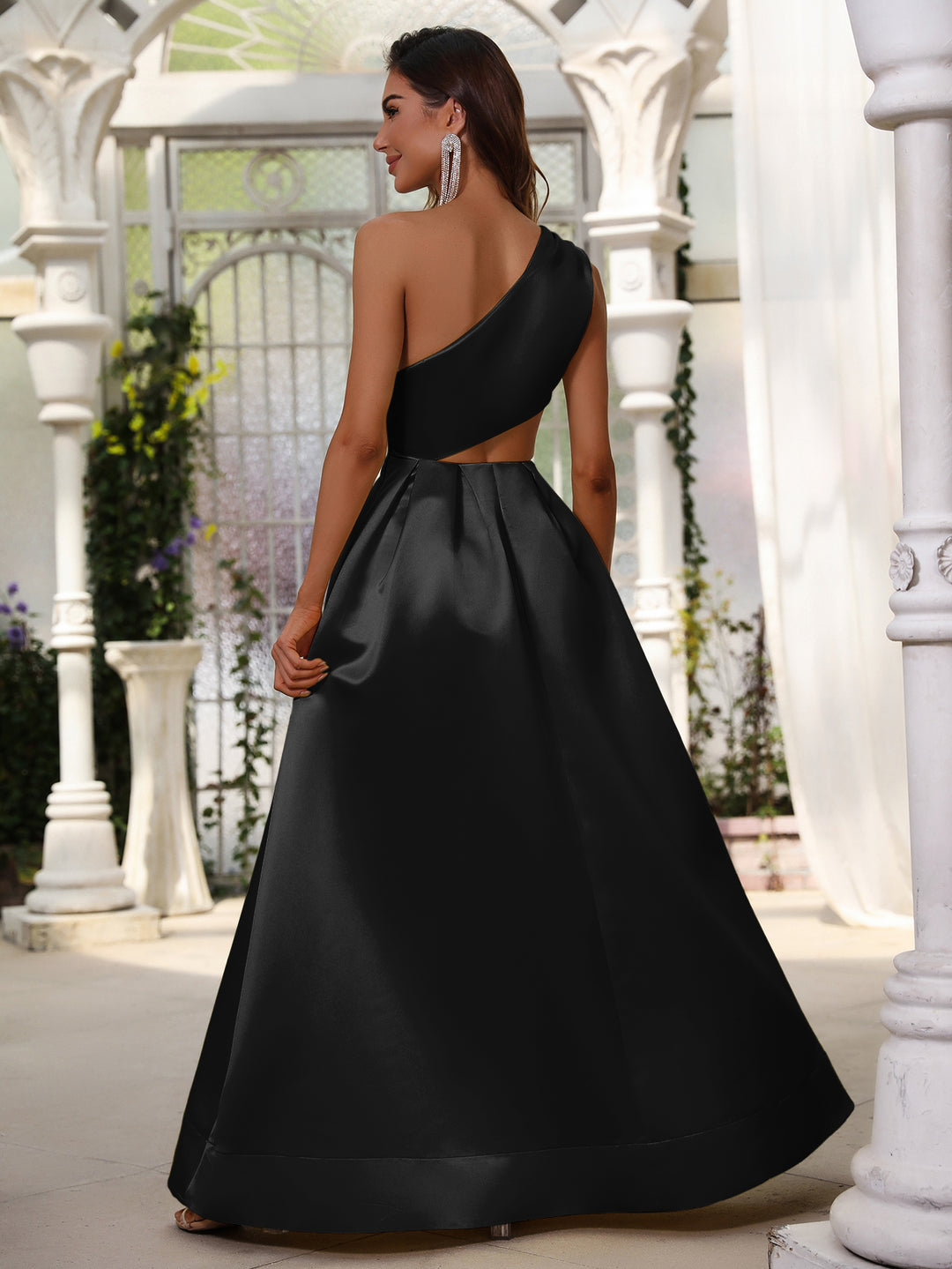 Cut Out One Shoulder Sleeveless Satin A line Dresses