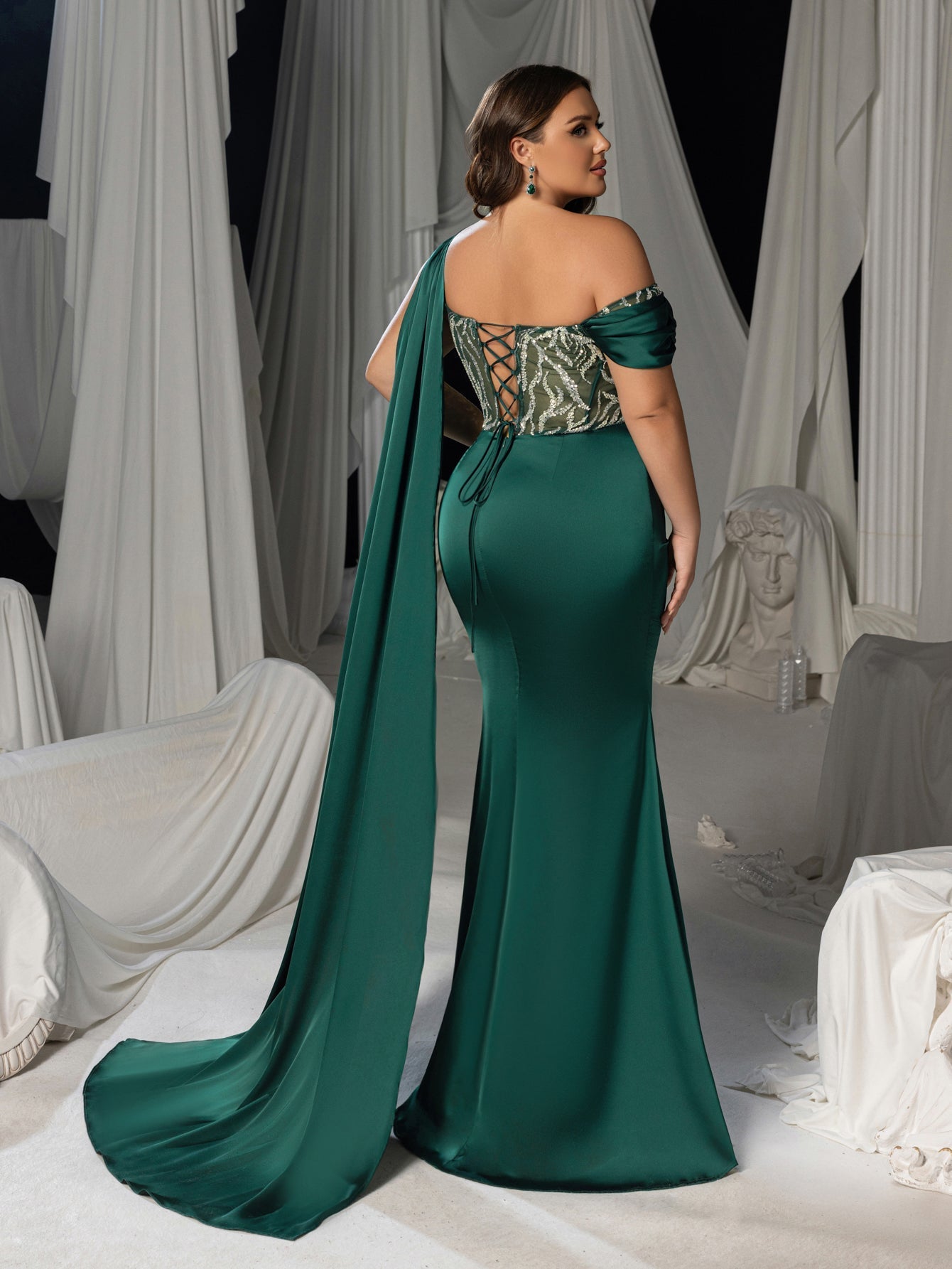 Plus Size One-Shoulder Sequin Bodice Formal Dress with Corset Back & Train
