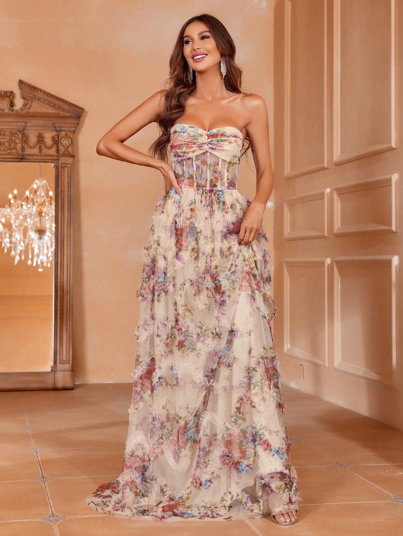Ruched Bustier Ruffle Trim Hem Floral Print Tube Dress