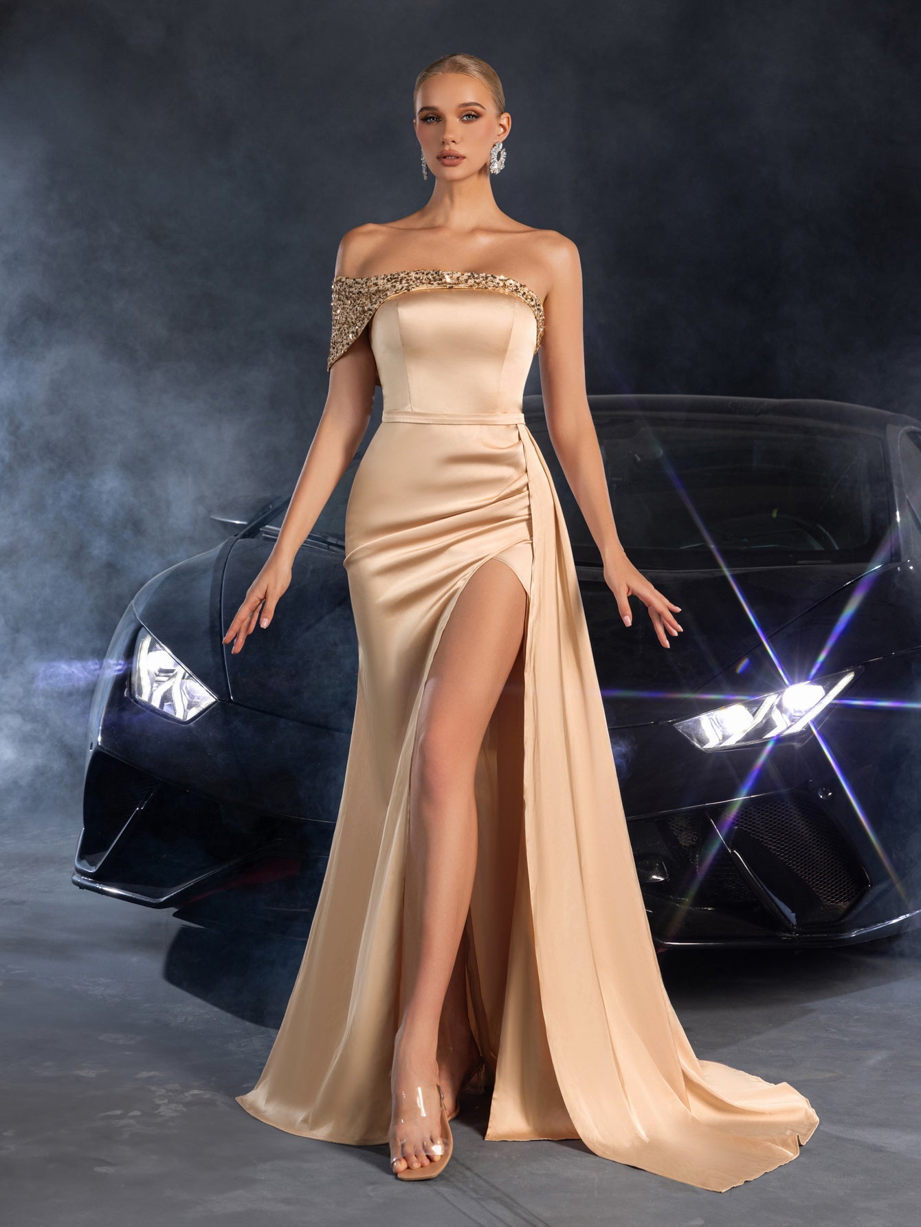 Elegant Satin Asymmetric Mermaid Gown with High Slit