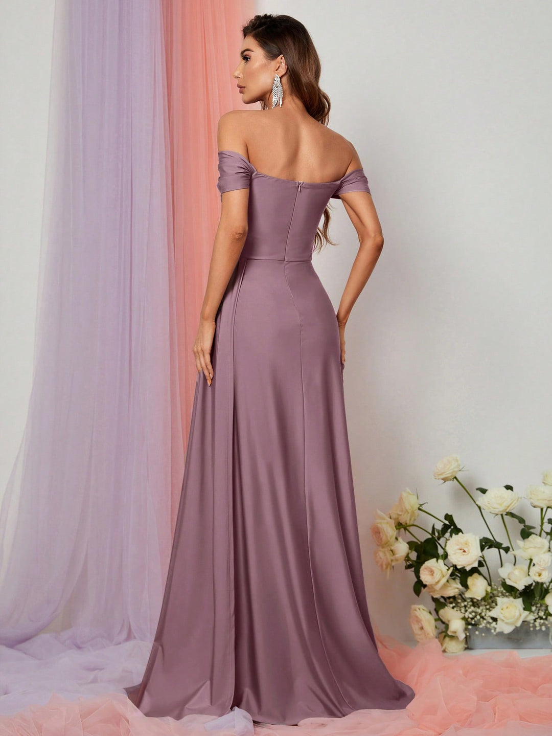 Elegant Off Shoulder Short Sleeve Satin Slit Dresses