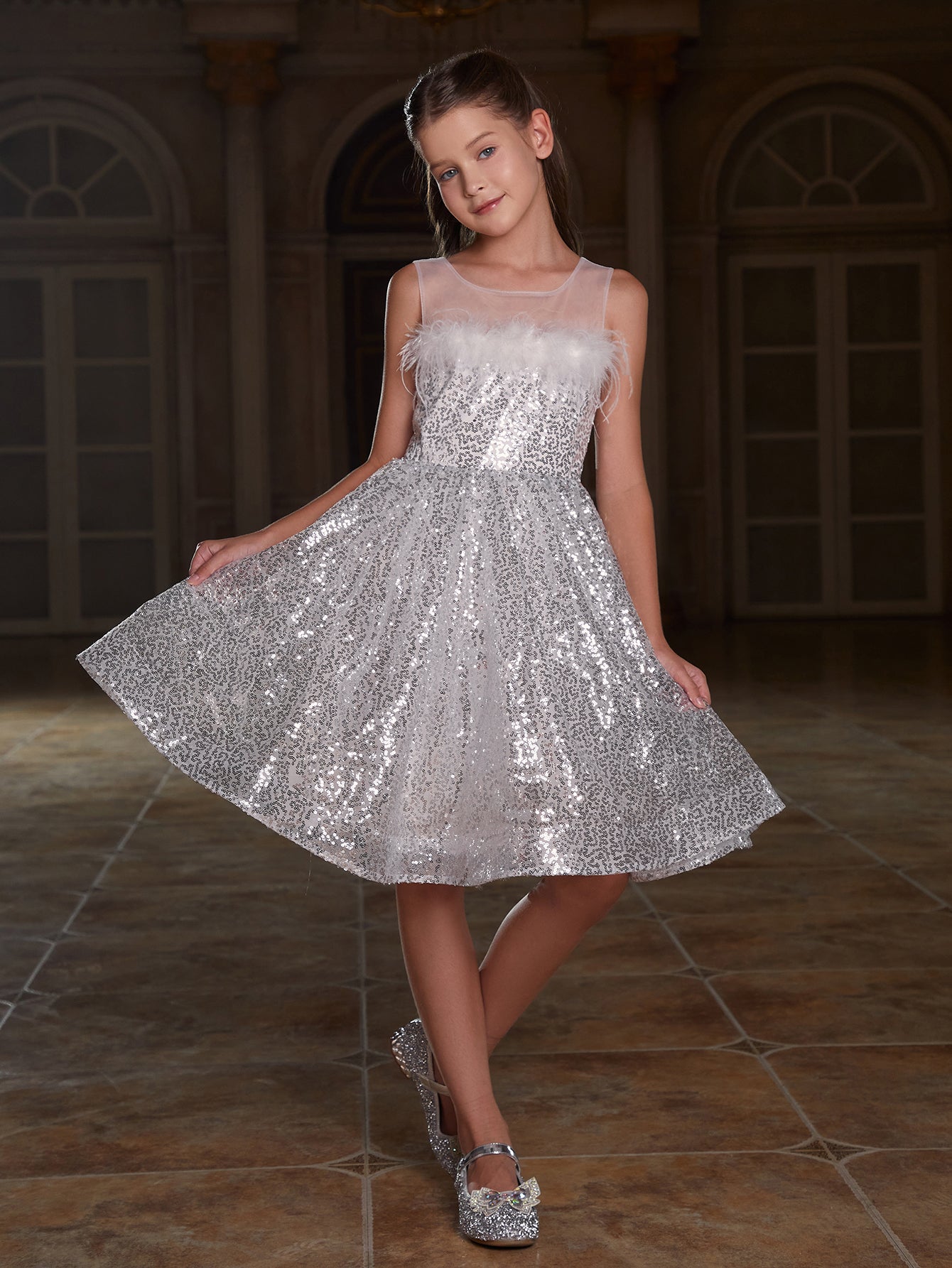 Girl's Feather Detail Bow Back Sequin A Line Dress