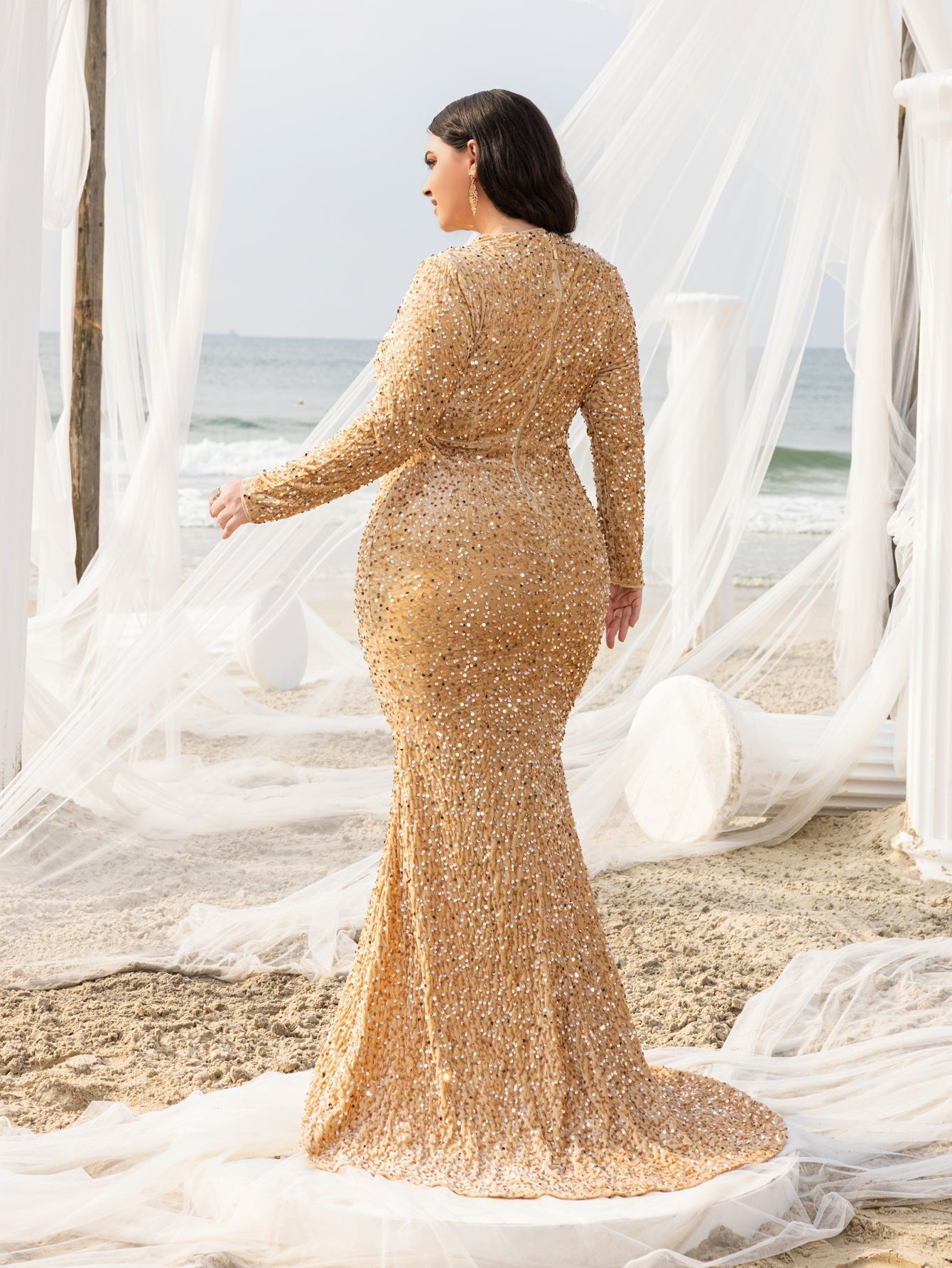 Plus Elegant Maxi Sequin Evening Gown with Mock Neck, Long Sleeves, and Mermaid Fishtail Skirt