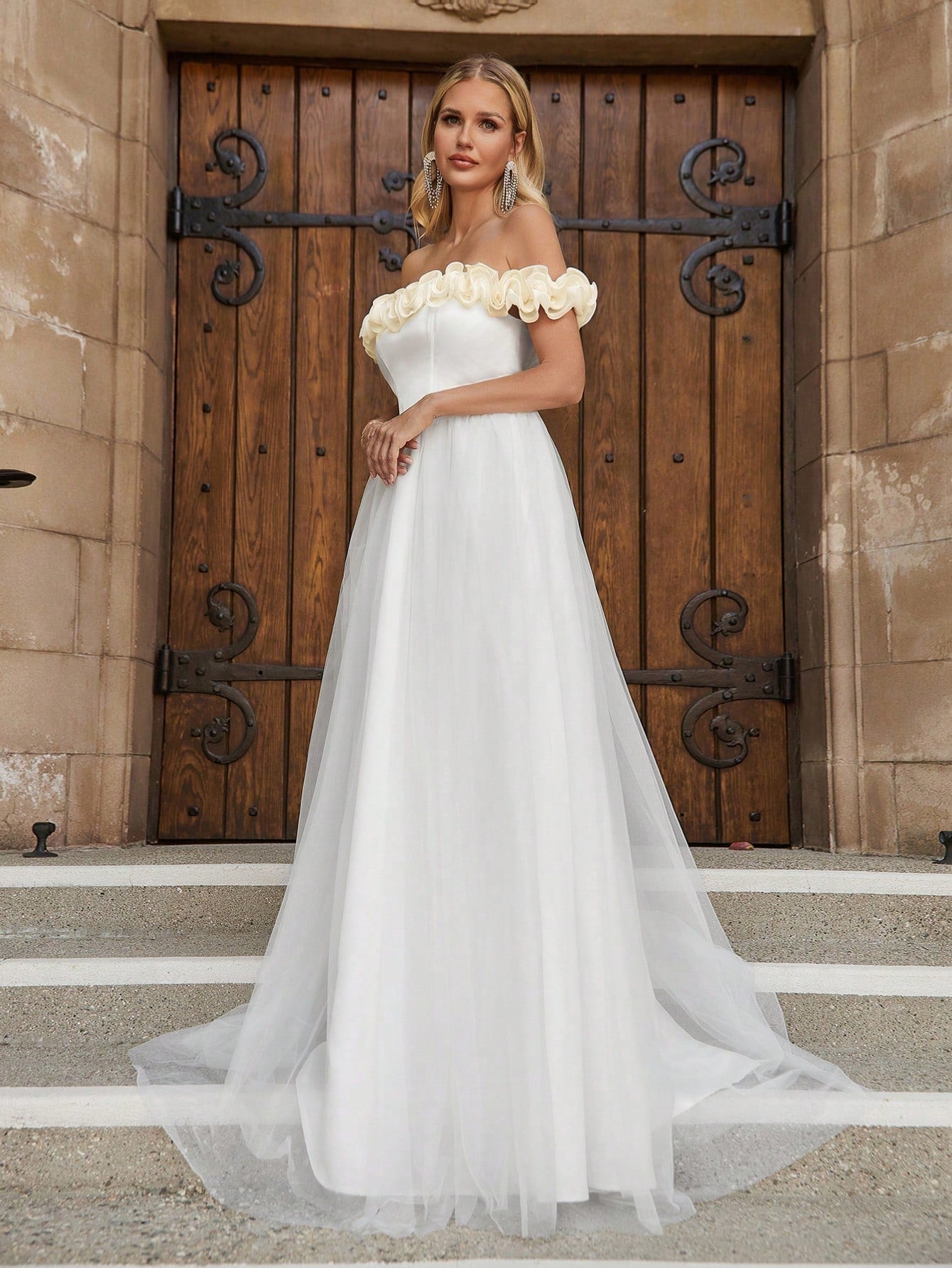wedding dresses with organza Off Shoulder Satin Bodice Contrast Organza Hem Wedding Dresses White / M