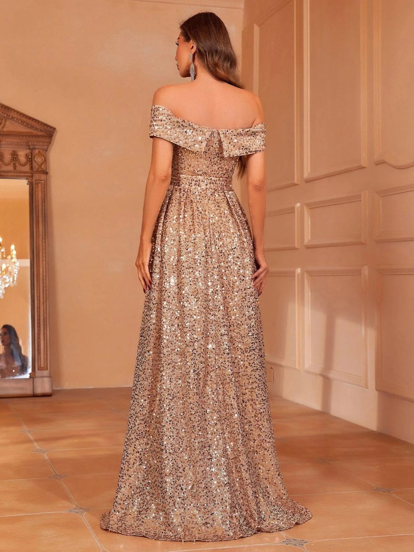 gold sequin dress off shoulder Aidan Mattox Off-The-Shoulder Sequin Beaded Gown