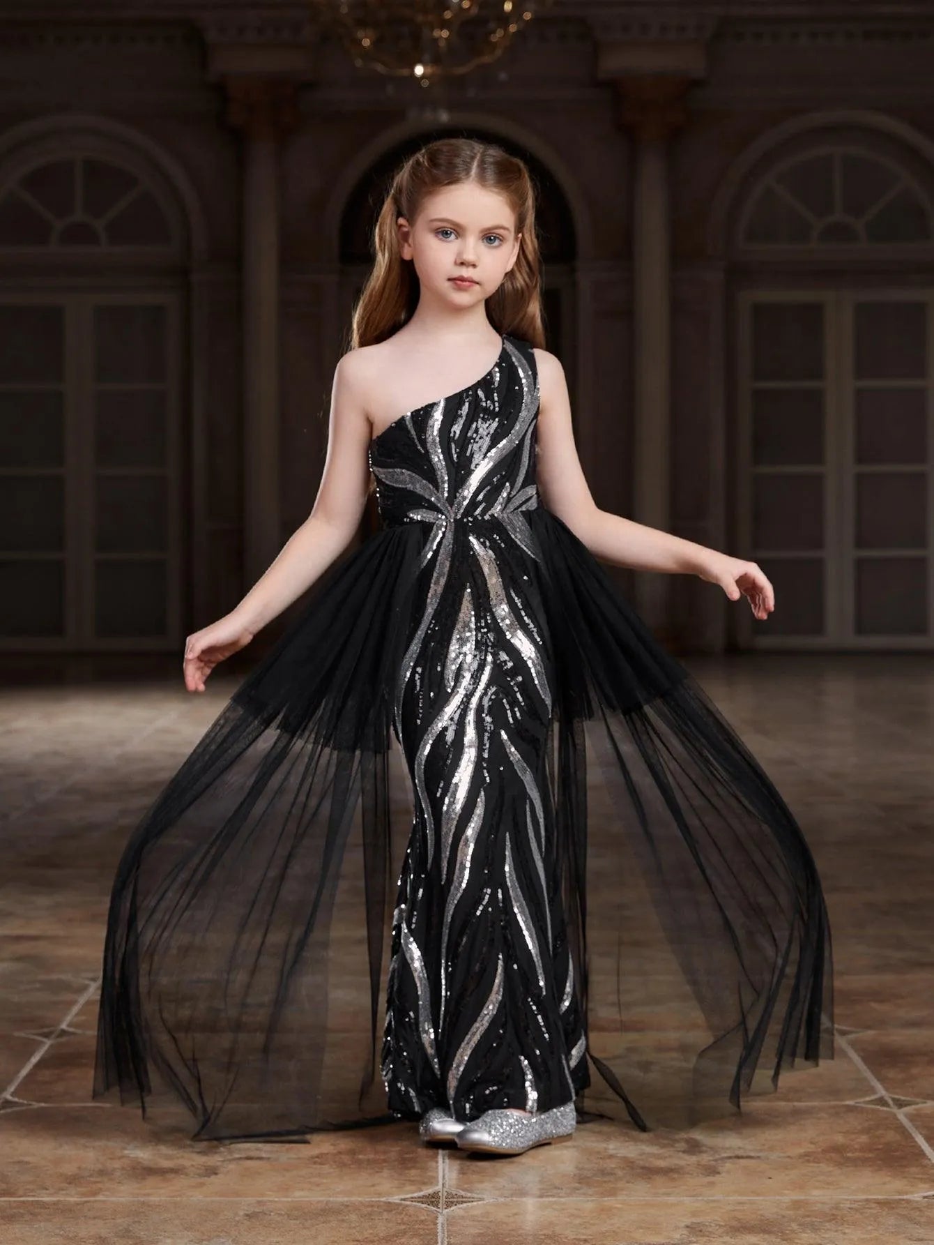 Tween Girls' One Shoulder Graphic Sequin Party Dress Black / 11Y