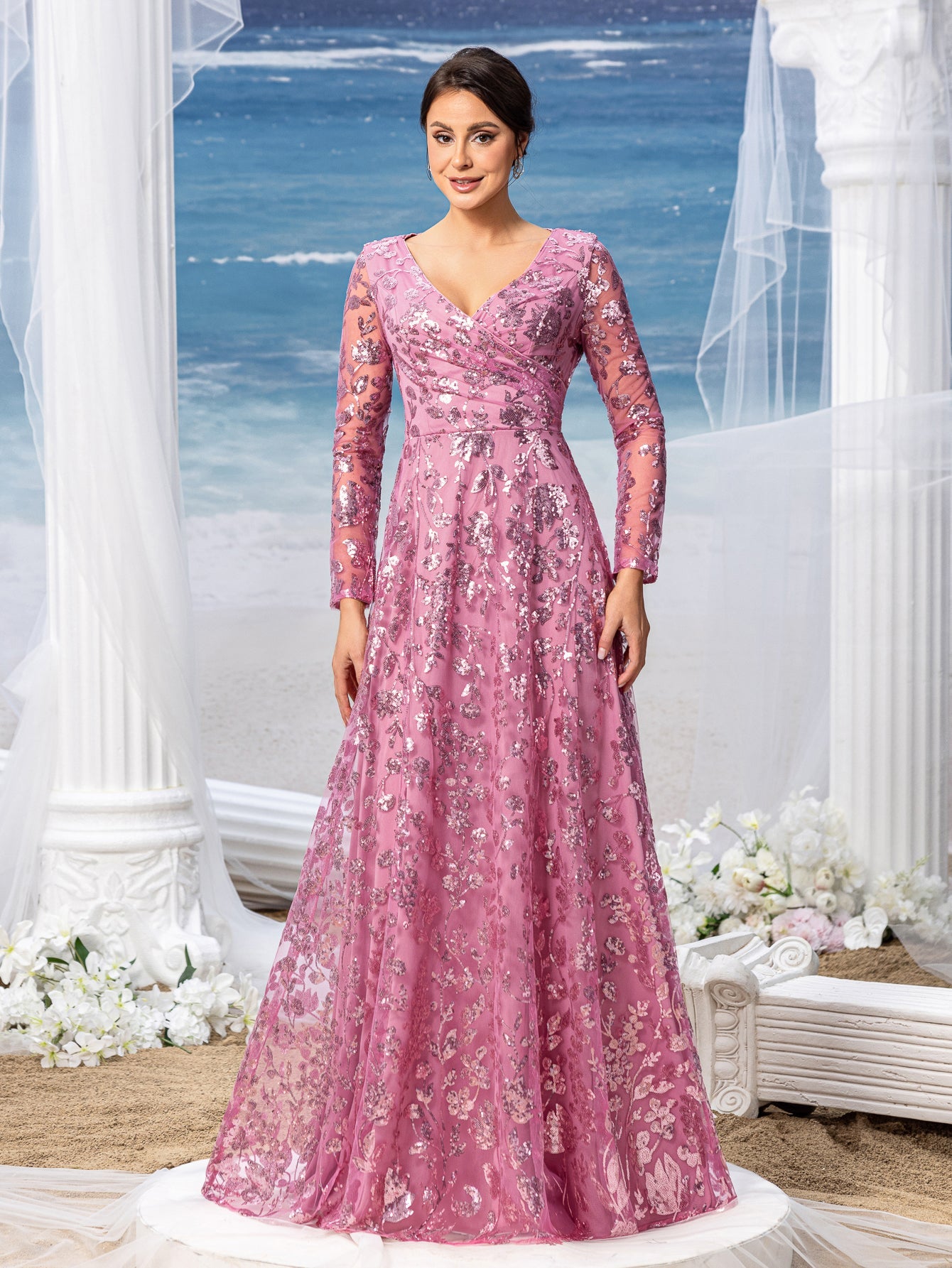 Womens' Elegant V-Neck Evening Gown with Delicate Lace & Silver Embroidery – Long Flowing Skirt for Seaside Weddings & Romantic Beach Events