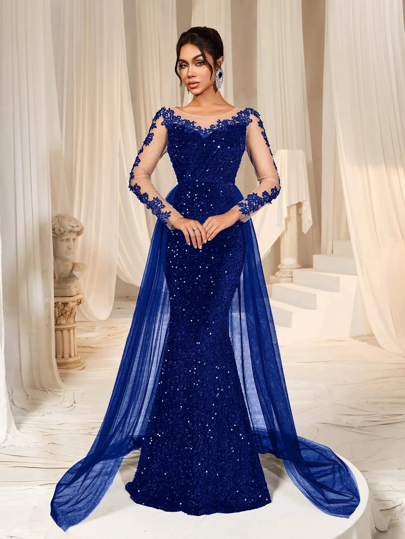Elegant Sheer Sleeves Mesh Train Sequin Evening Dress Faeriesty Elegant Sheer Sleeves Mesh Train Sequin Evening Dress Faeriesty