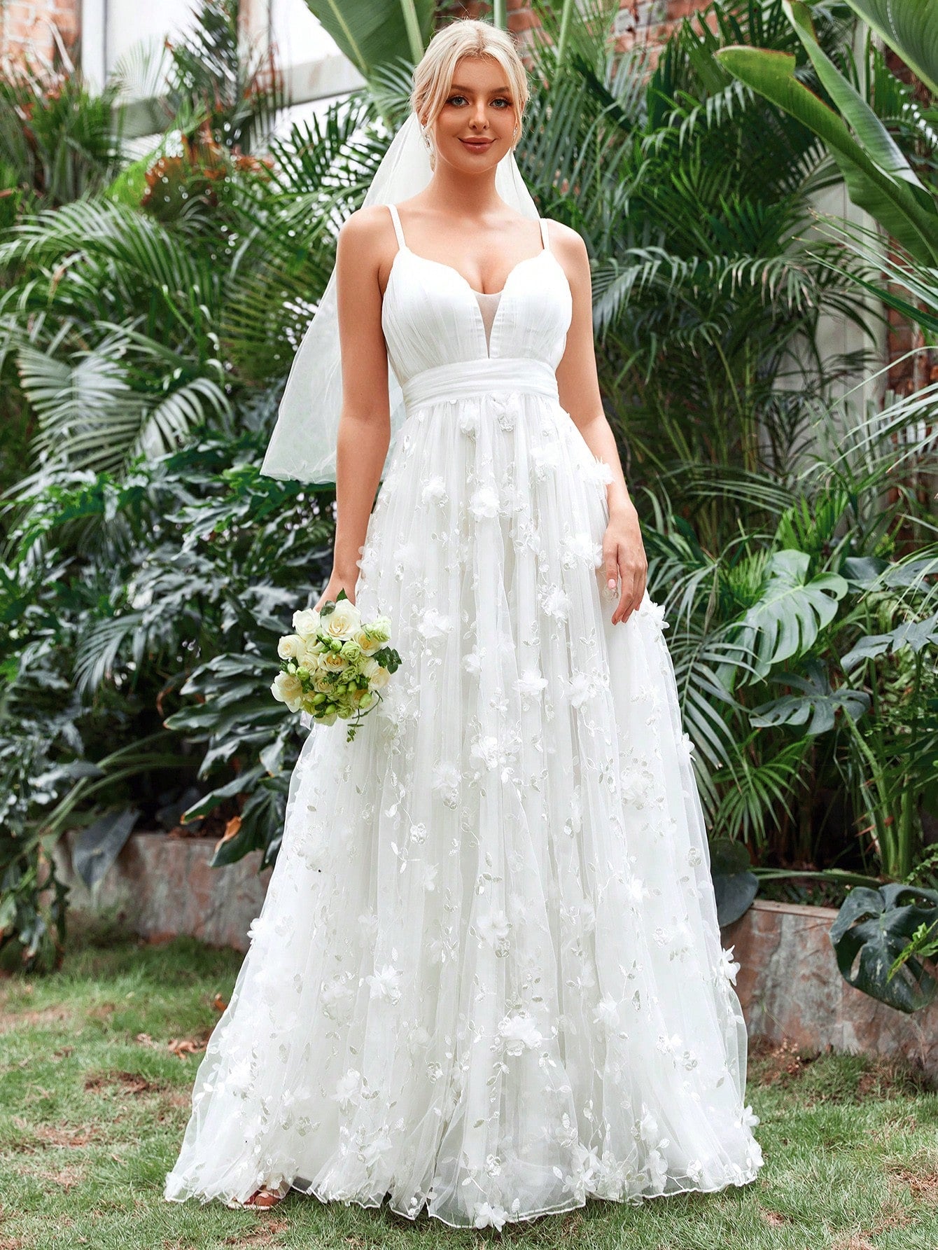 Plunging Neck Floral Applique Mesh Cami Wedding Dress White / M Plunging Neck Floral Applique Mesh Cami Wedding Dress White / M