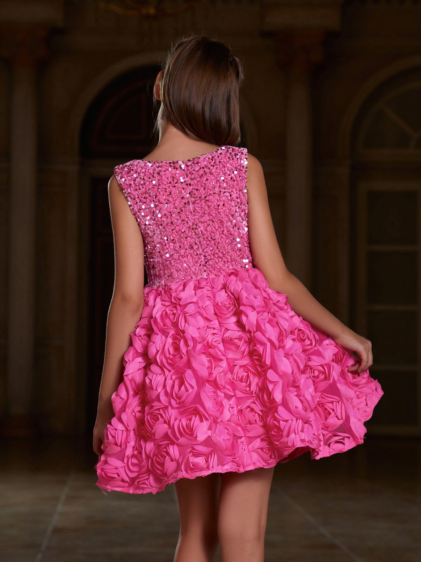 Girl's Cute Applique Contrast Sequin Party Dress Hot Pink / 9Y Girl's Cute Applique Contrast Sequin Party Dress Hot Pink / 9Y