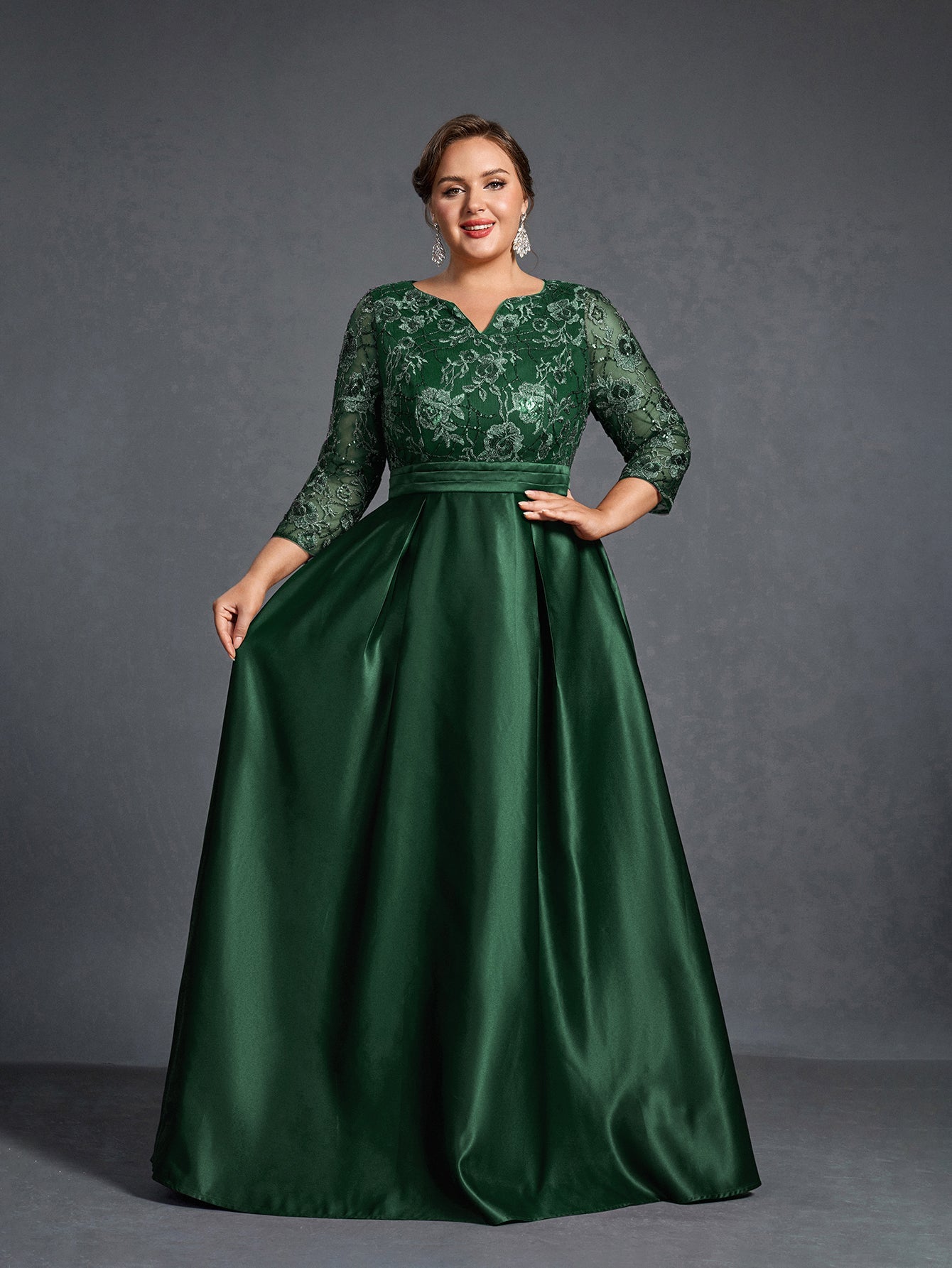 Plus Womens' Evening Gown: Allover Sequin-Embroidered Bodice & Satin A-Line Skirt – Elegant Formal Dress for Black-Tie Events